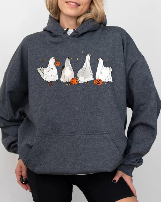 Ghost Geese, Farm, Skeleton, Funny, Pumpkin, Spooky, Witch, Aesthetic, Meme, Halloween, Costume, Hoodie, Hooded Sweatshirt sold by Refinery Number One