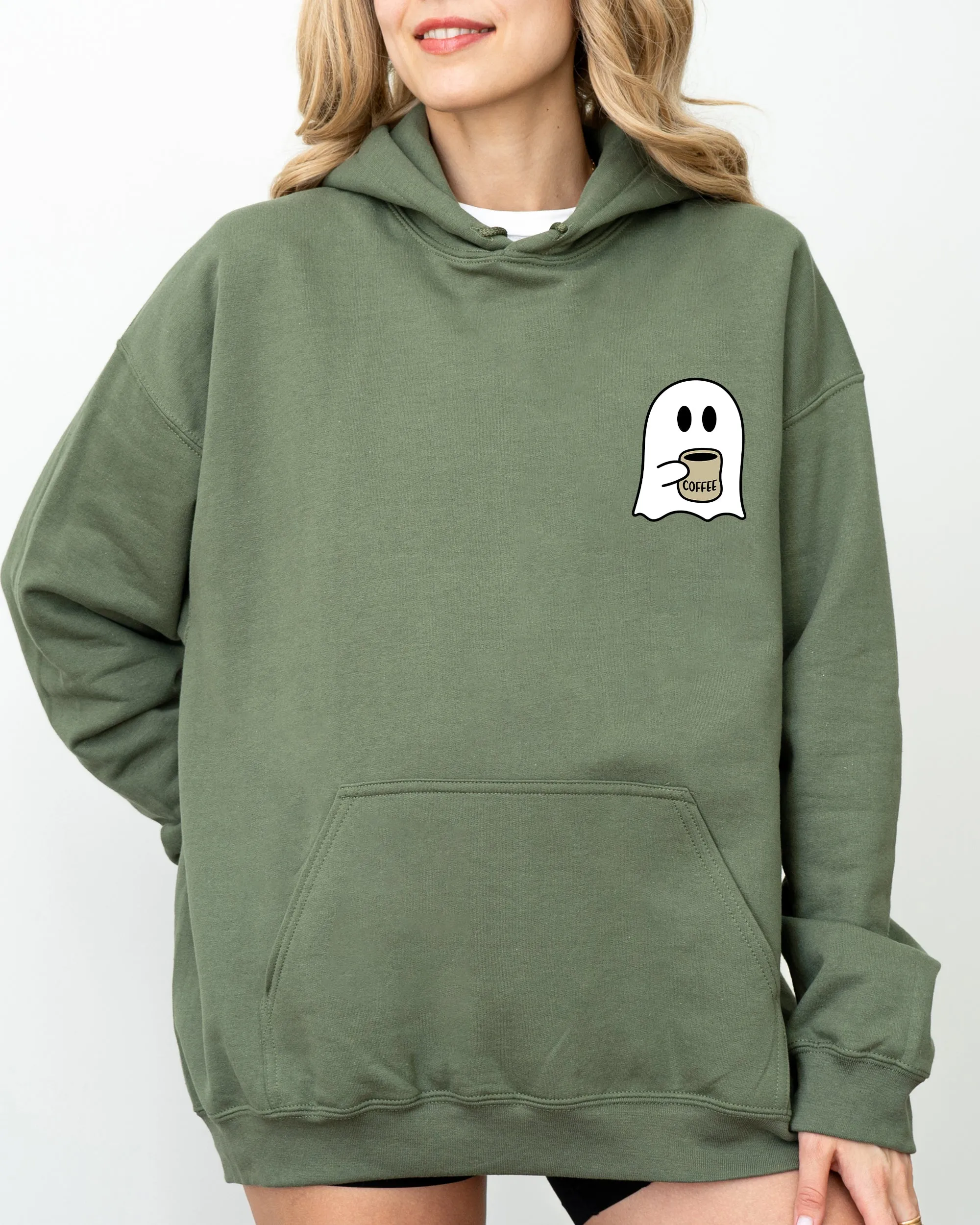 Ghost, Coffee Lover, Pocket, Skeleton, Ghost, Witch, Skull, Funny, Spooky, Aesthetic, Meme, Halloween, Costume, Hoodie, Hooded Sweatshirt sold by Refinery Number One