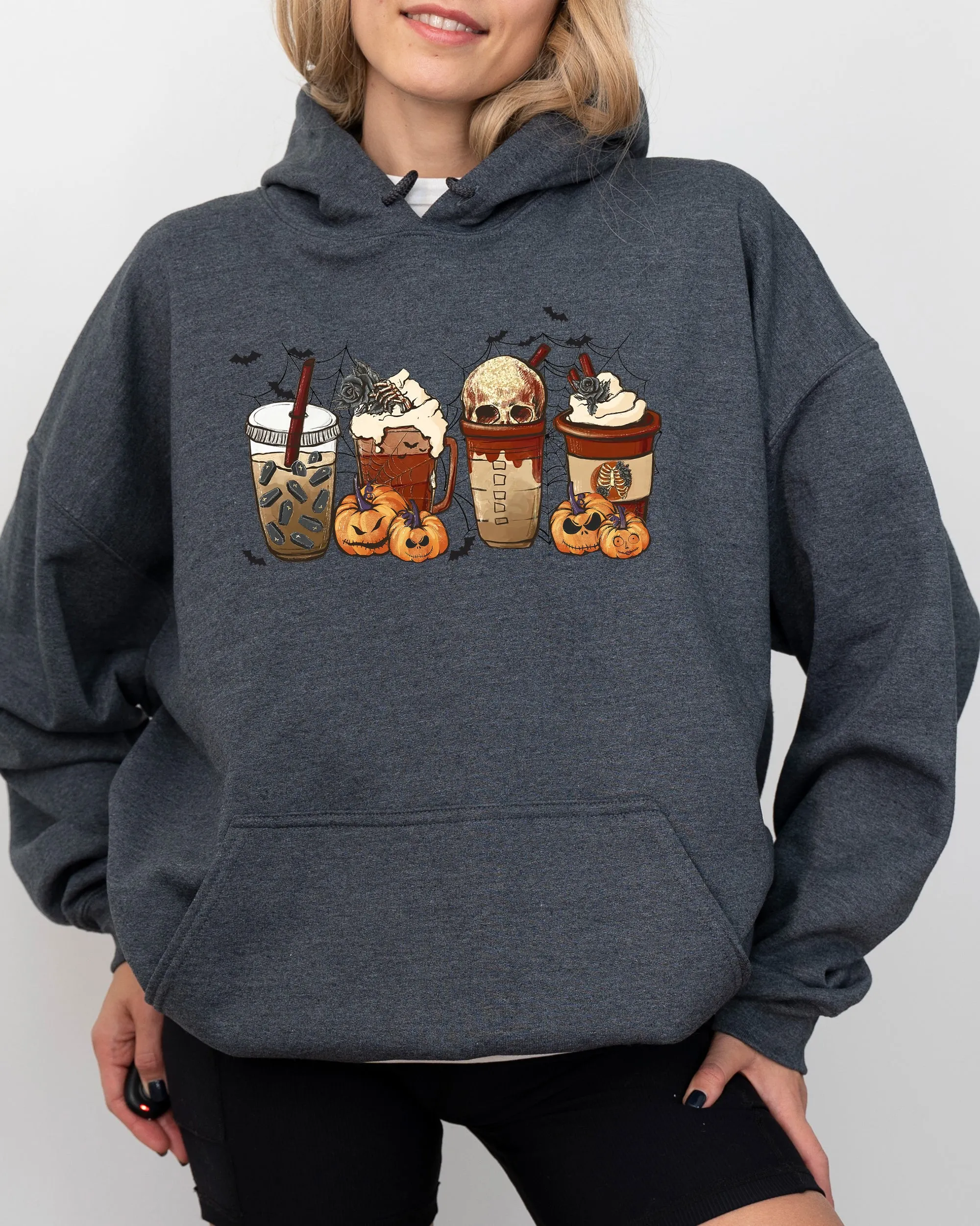 Halloween Coffee Retro Skeleton Ghost Witch Skull Spooky Meme Graphic Hooded Sweatshirt sold by Refinery Number One product image thumbnail 3