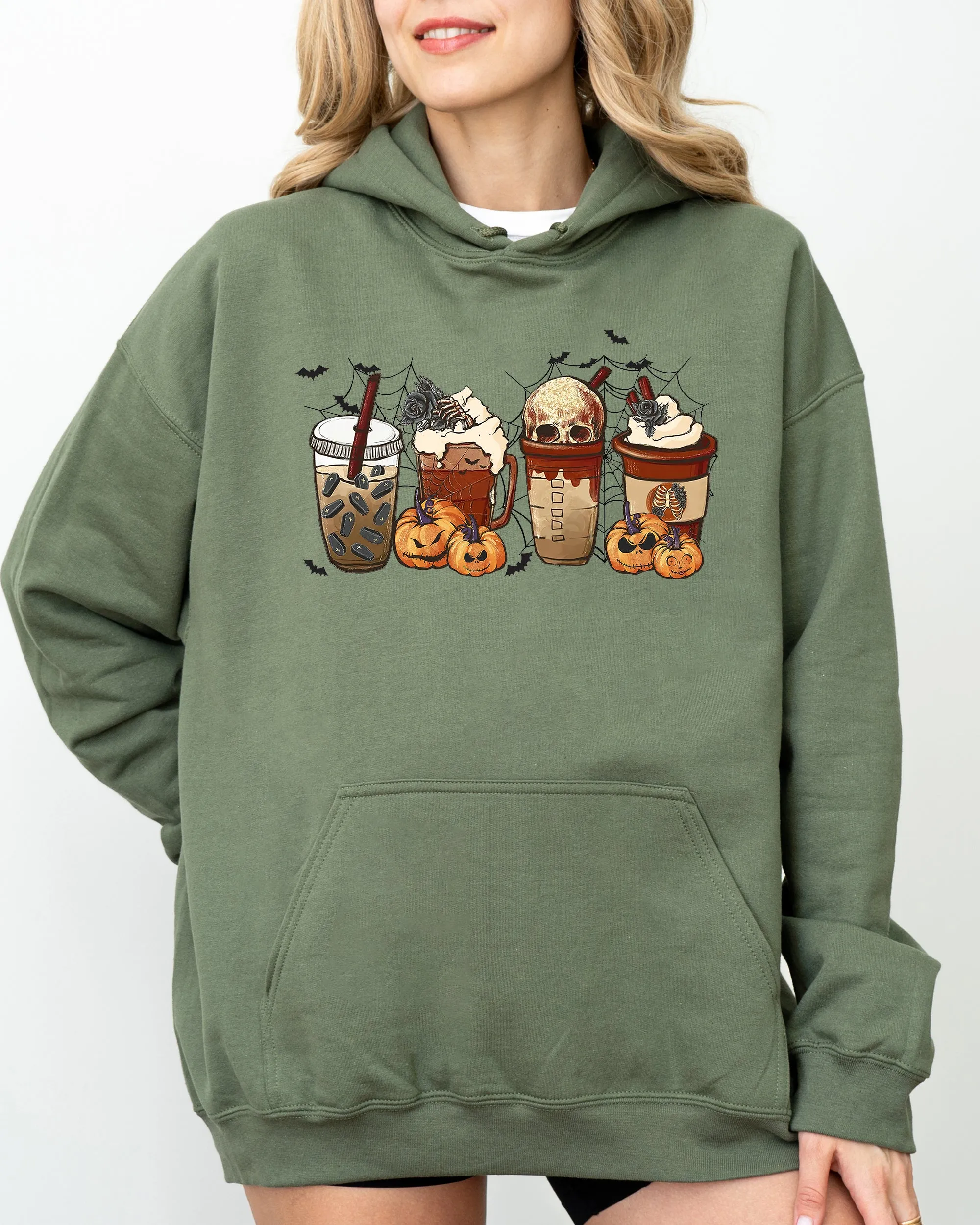 Halloween Coffee Retro Skeleton Ghost Witch Skull Spooky Meme Graphic Hooded Sweatshirt sold by Refinery Number One