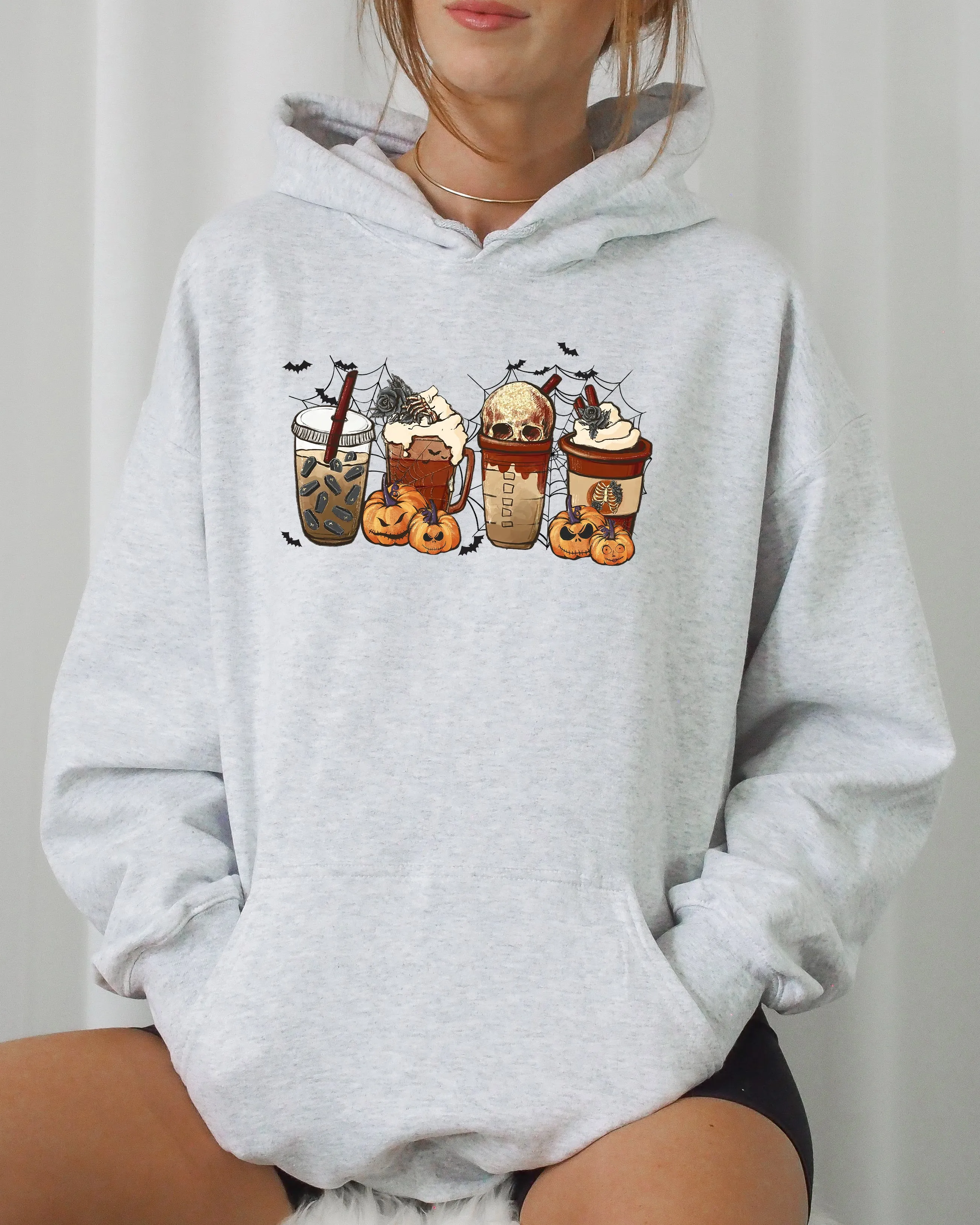 Halloween Coffee Retro Skeleton Ghost Witch Skull Spooky Meme Graphic Hooded Sweatshirt sold by Refinery Number One product image thumbnail 2