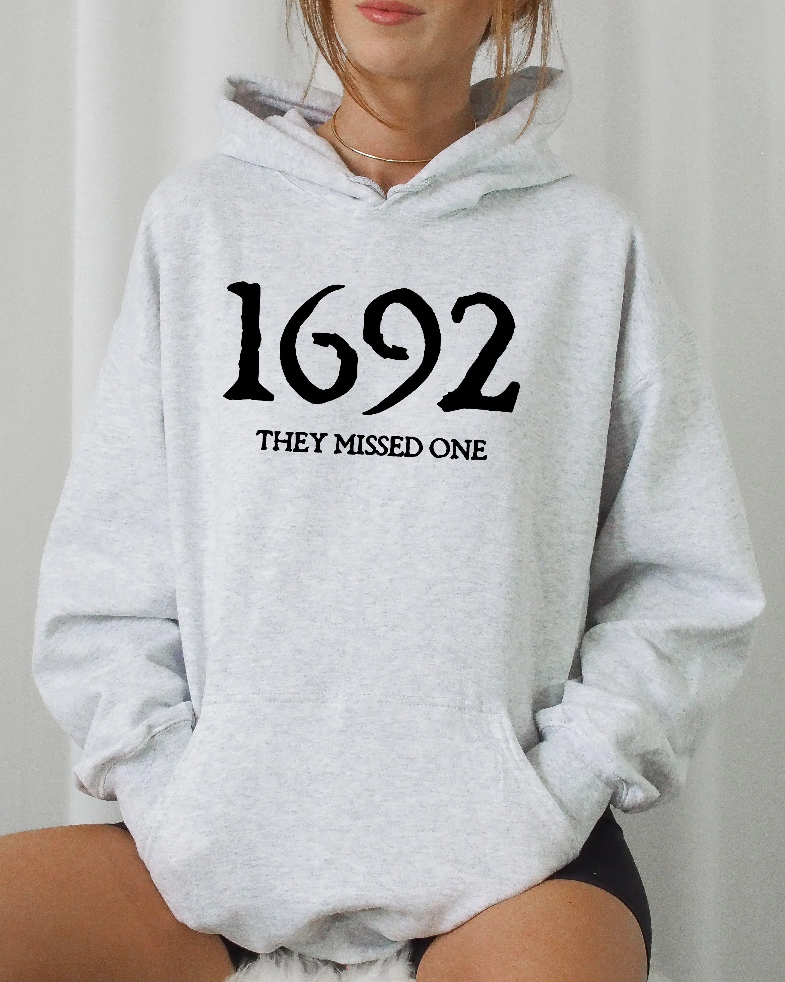 1692, They Missed One, Skeleton, Ghost, Witch, Skull, Spooky, Aesthetic, Meme, Halloween, Costume, Hoodie, Hooded Sweatshirt sold by Refinery Number One product image thumbnail 2