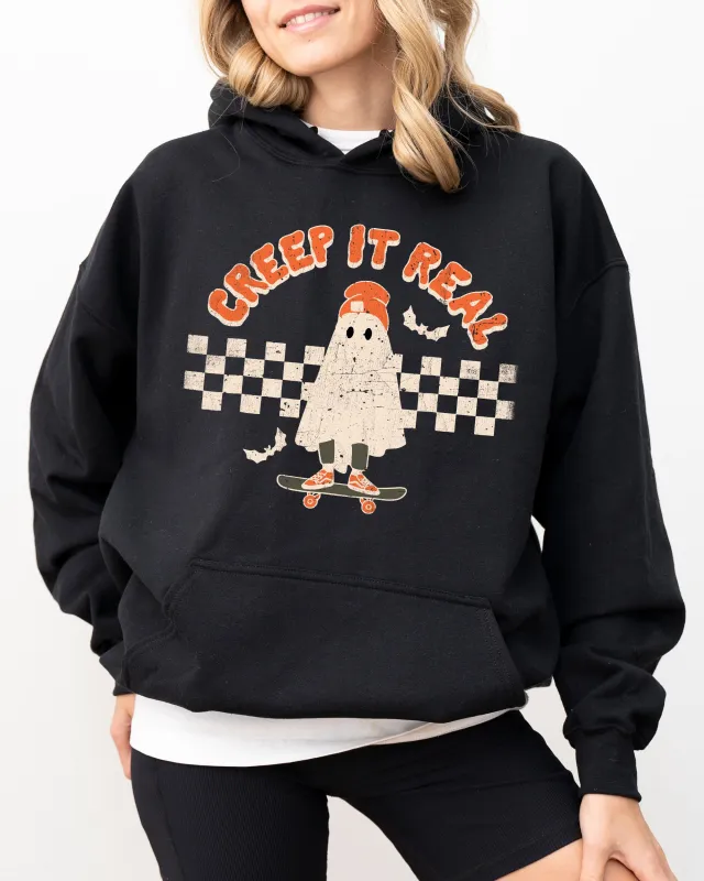 Creep It Real, Ghost, Retro, Spooky, Skeleton, Ghost, Witch, Skull, Aesthetic, Meme, Halloween, Costume, Hoodie, Hooded Sweatshirt sold by Refinery Number One