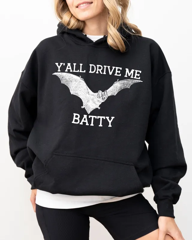Y'All Drive Me Batty, Spooky, Bat, Ghost, Witch, Skull, Aesthetic, Meme, Halloween, Costume, Hoodie, Hooded Sweatshirt sold by Refinery Number One