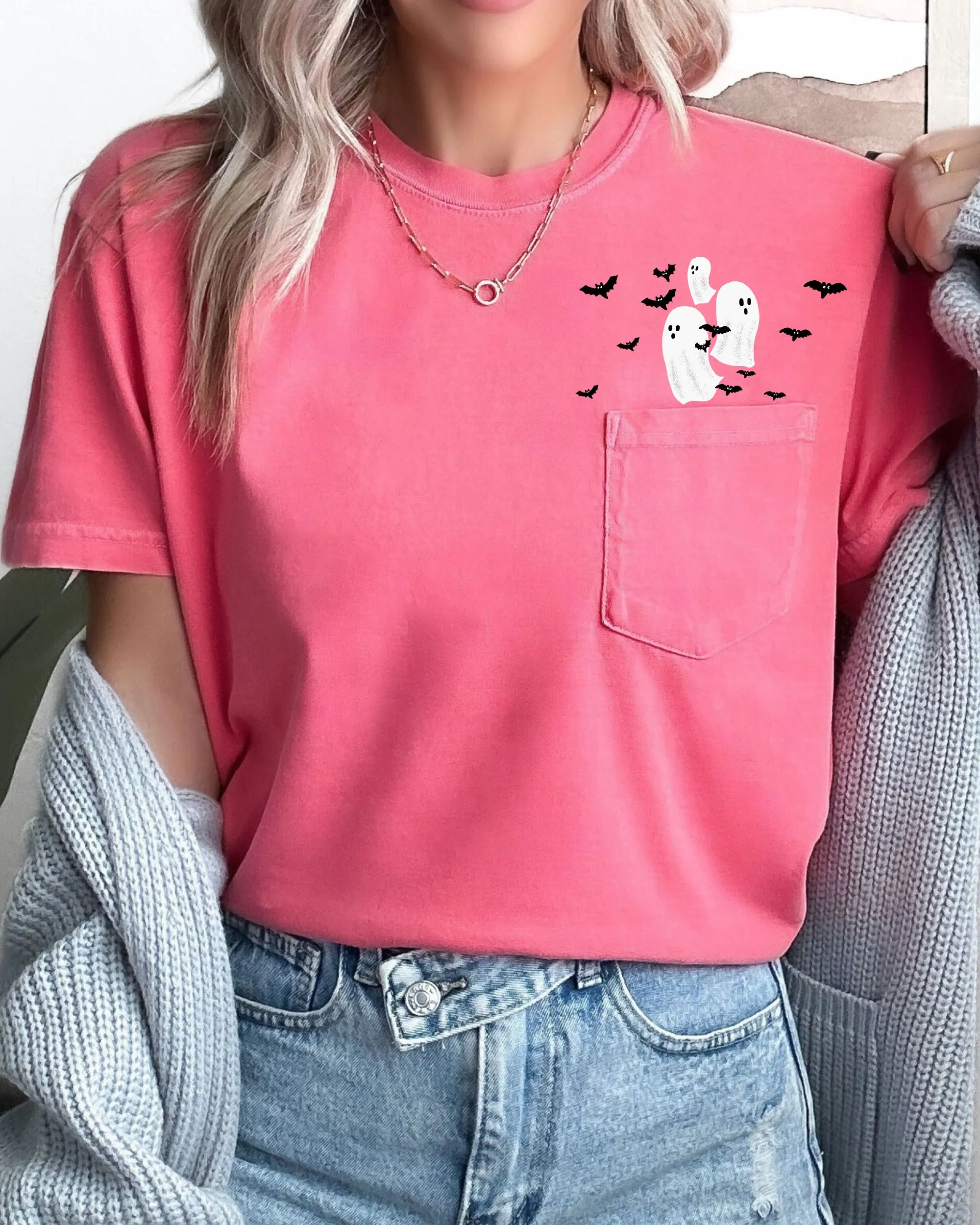 Flying Ghosts and Bats Halloween Costume Pocket Tee Comfort Colors T-Shirt sold by Refinery Number One