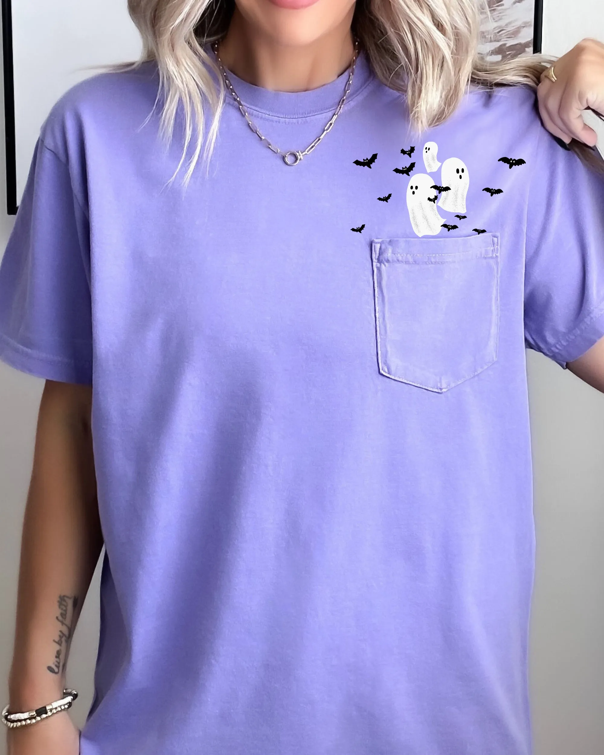 Flying Ghosts and Bats Halloween Costume Pocket Tee Comfort Colors T-Shirt sold by Refinery Number One product image thumbnail 4