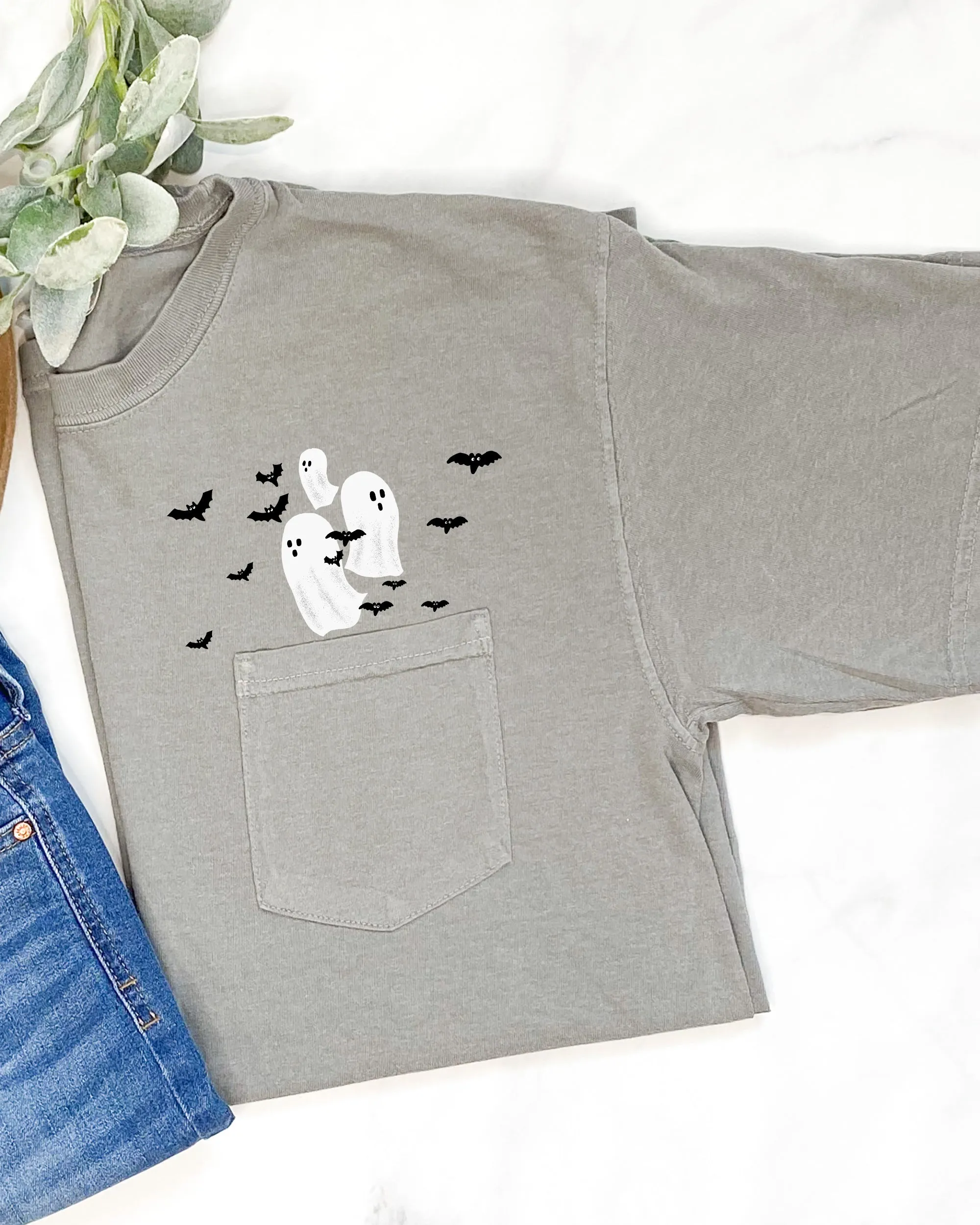 Flying Ghosts and Bats Halloween Costume Pocket Tee Comfort Colors T-Shirt sold by Refinery Number One product image thumbnail 3