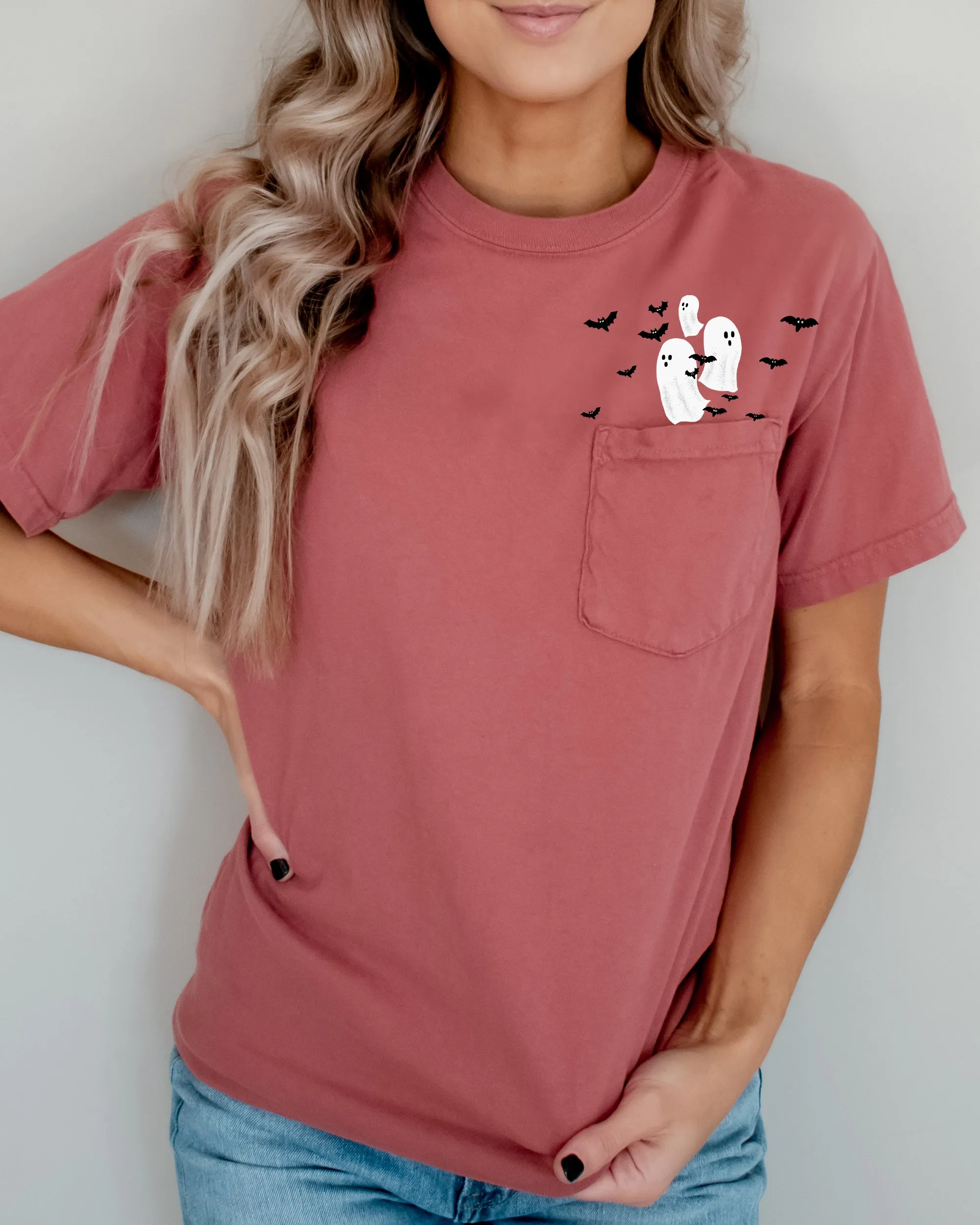 Flying Ghosts and Bats Halloween Costume Pocket Tee Comfort Colors T-Shirt sold by Refinery Number One product image thumbnail 2