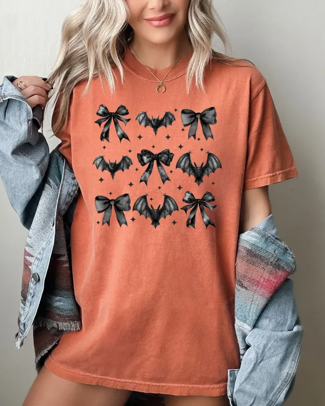 Bats, Black Bows, Vampire, Coquette, Ribbons, Halloween, Lace, Gothic, Spooky, Scary, Fangs Shirt Comfort Colors T-Shirt sold by Refinery Number One
