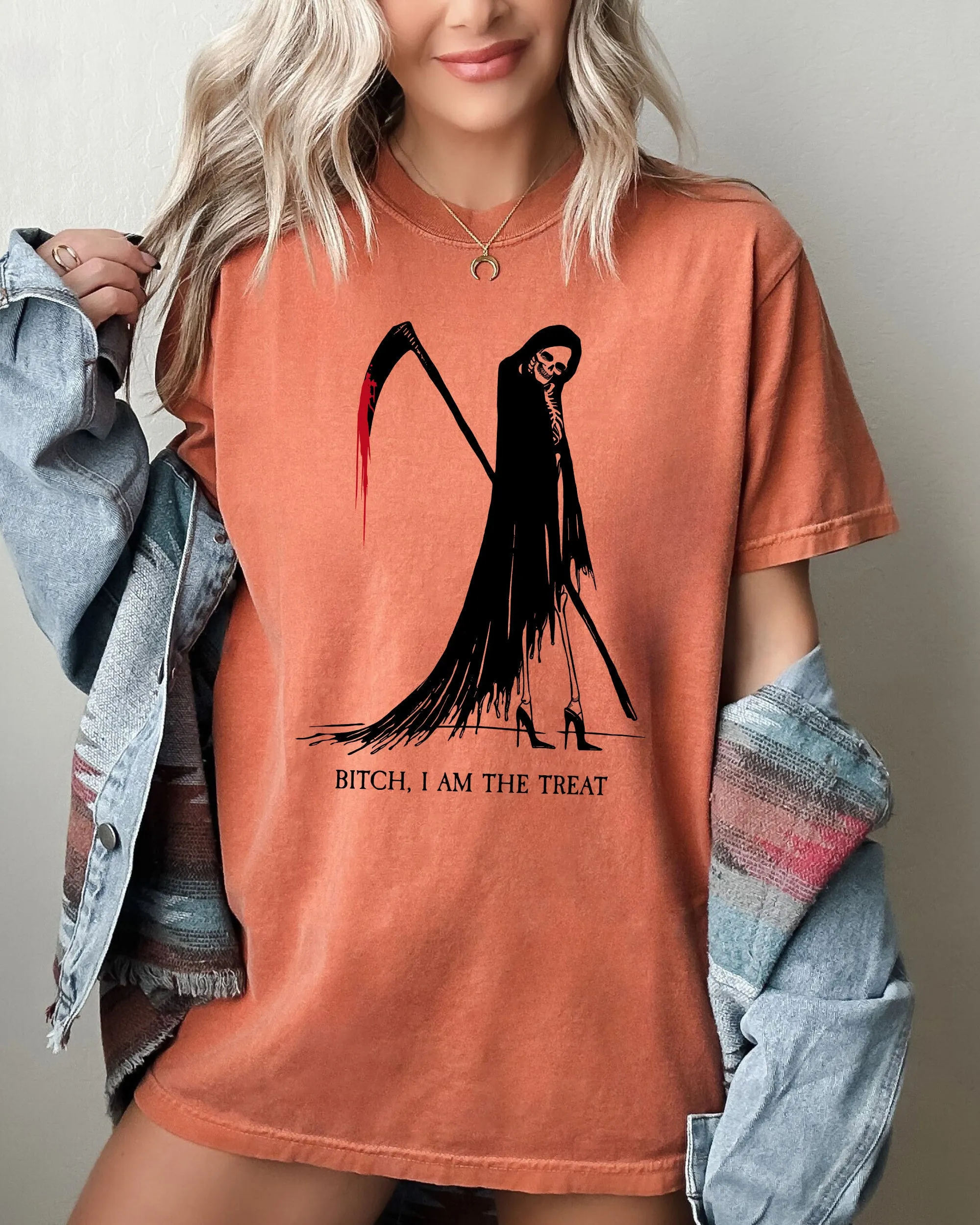 Bitch, I Am The Treat, Trick Or Treat, Death, Skeleton, Funny, Sexy, Witch, Crude, Sarcastic, Vulgar Shirt Comfort Colors T-Shirt sold by Refinery Number One