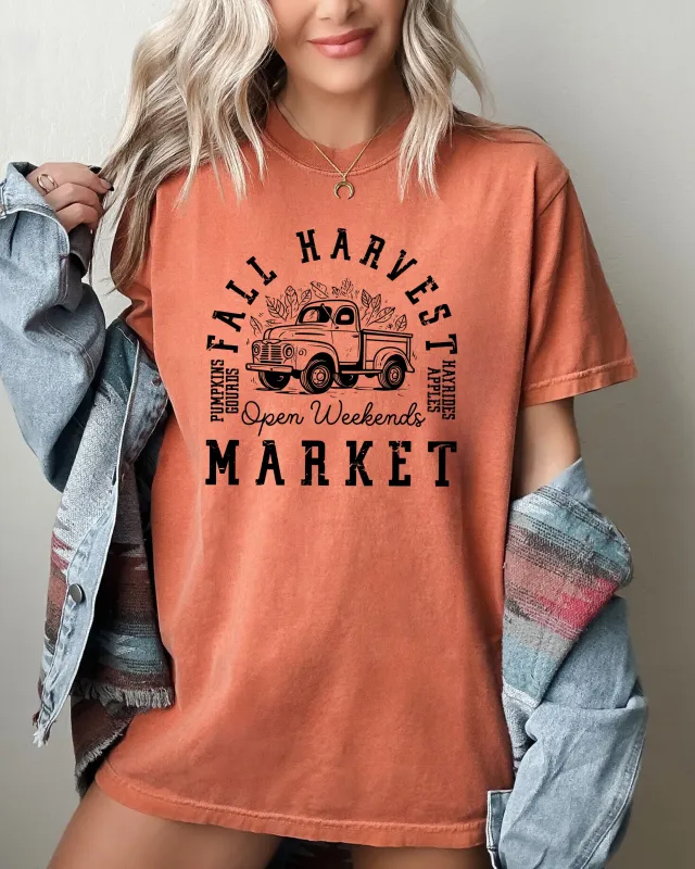 Fall Harvest Market, Hayrides, Pumpkins, Autumn, Thanksgiving, Halloween Shirt Comfort Colors T-Shirt sold by Refinery Number One