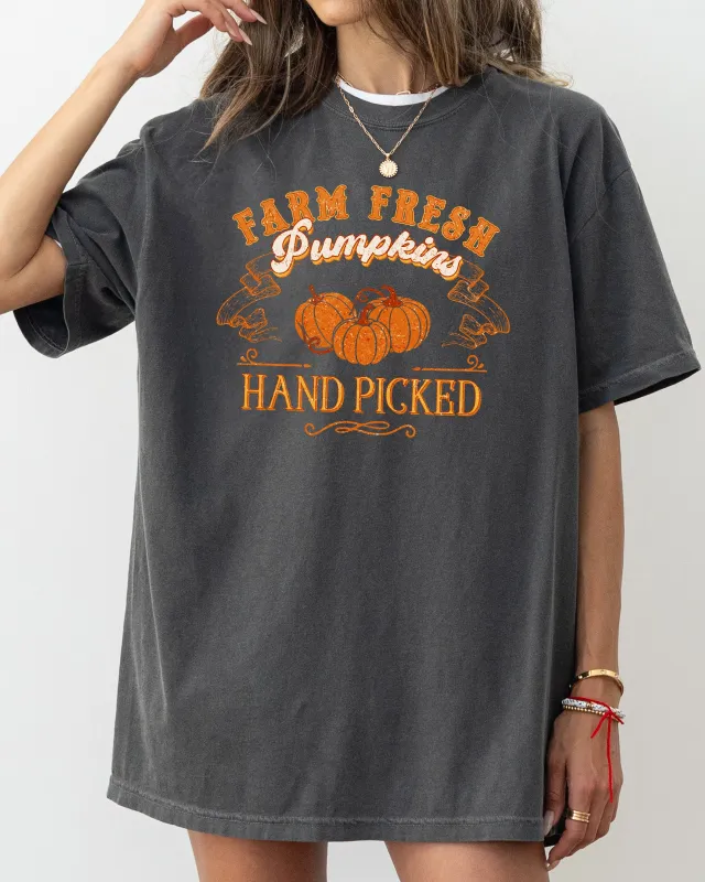 Farm Fresh Pumpkins, Hand Picked, Retro, Farm, Country, Halloween, Thanksgiving, Autumn, Fall Shirt Comfort Colors T-Shirt sold by Refinery Number One