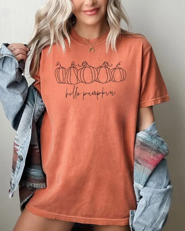Hello Pumpkin, Minimal, Line Art, Simplicity, Autumn, Fall, Halloween Shirt Comfort Colors T-Shirt made by Refinery Number One