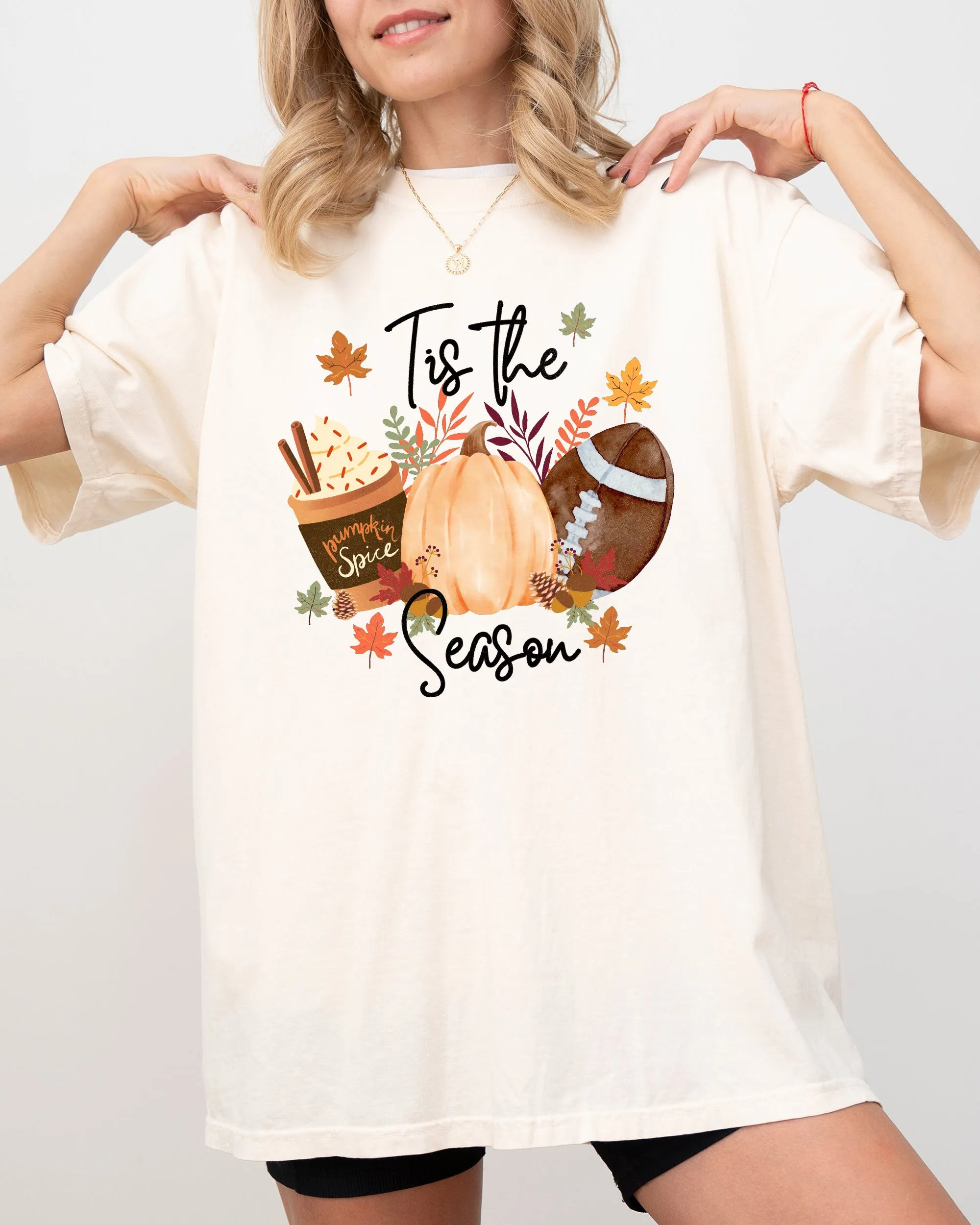 Tis The Season, Football, Pumpkin, Pumpkin Spice Coffee Latte, Leaves, Autumn, Fall, Halloween Shirt Comfort Colors T-Shirt sold by Refinery Number One