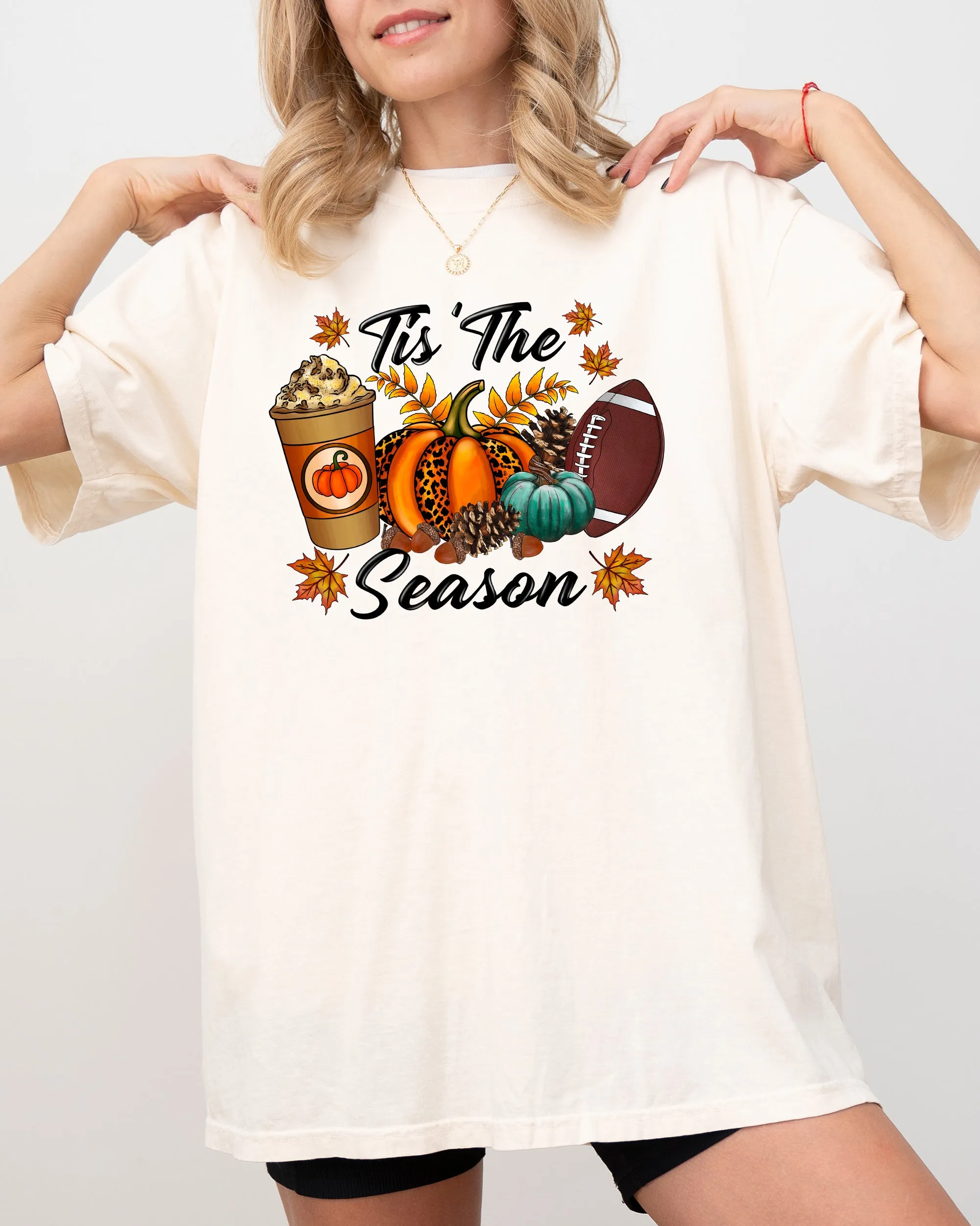 Tis The Season, Leopard Print, Football, Pumpkin, Pumpkin Spice Coffee Latte, Leaves, Autumn, Fall, Halloween Shirt Comfort Colors T-Shirt sold by Refinery Number One