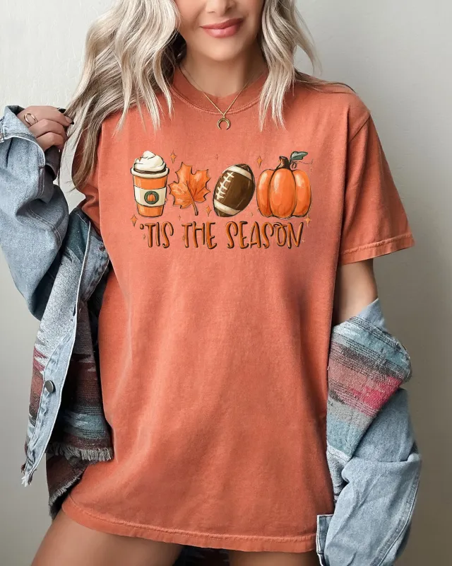 Tis The Season, Pumpkin Spice Latte, Football, Leaves, Coffee, Autumn, Fall Shirt Comfort Colors T-Shirt sold by Refinery Number One