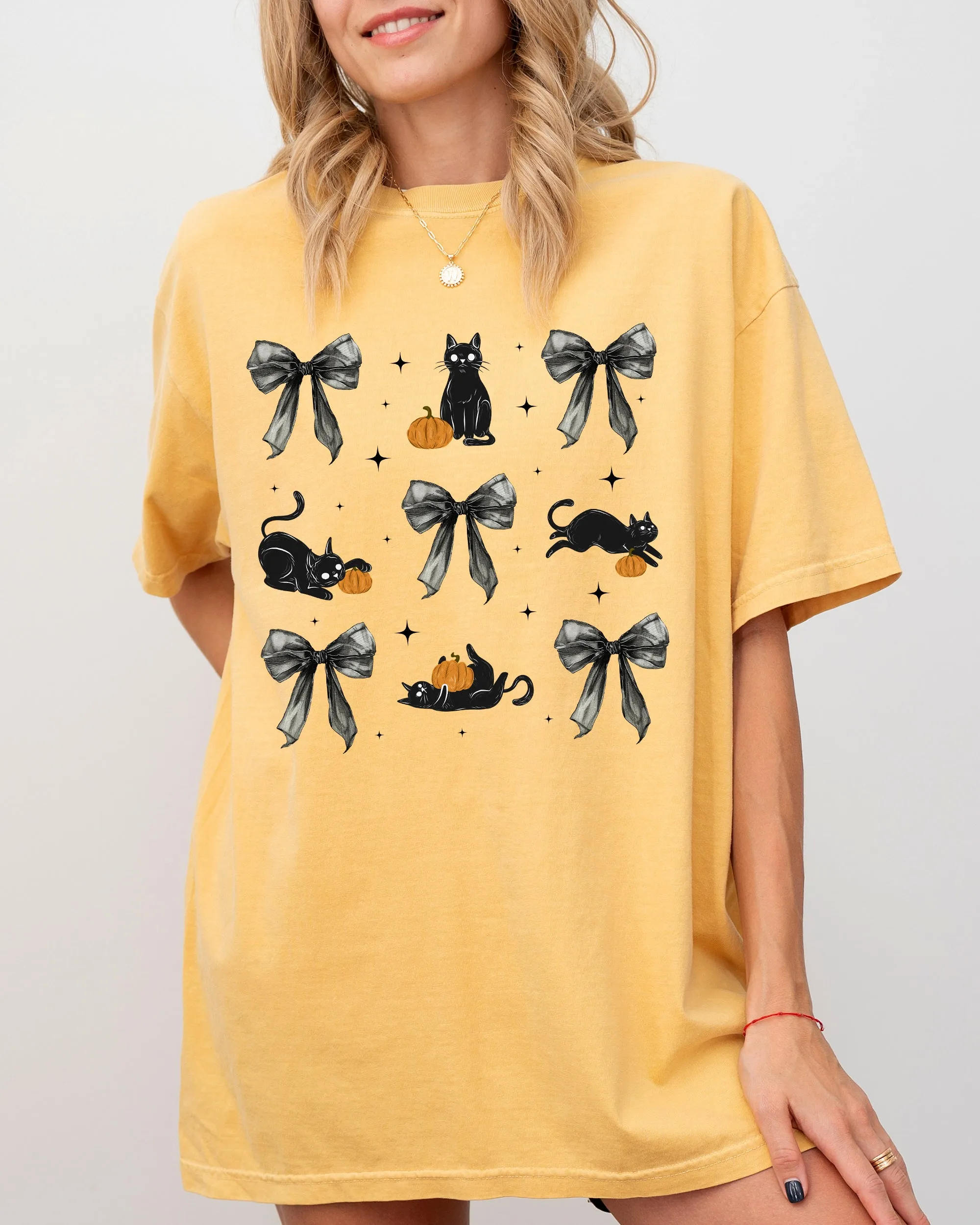 Black Cat, Coquette Ribbons and Bows, Halloween, Cute, Girly, Autumn, Fall Shirt Comfort Colors T-Shirt sold by Refinery Number One