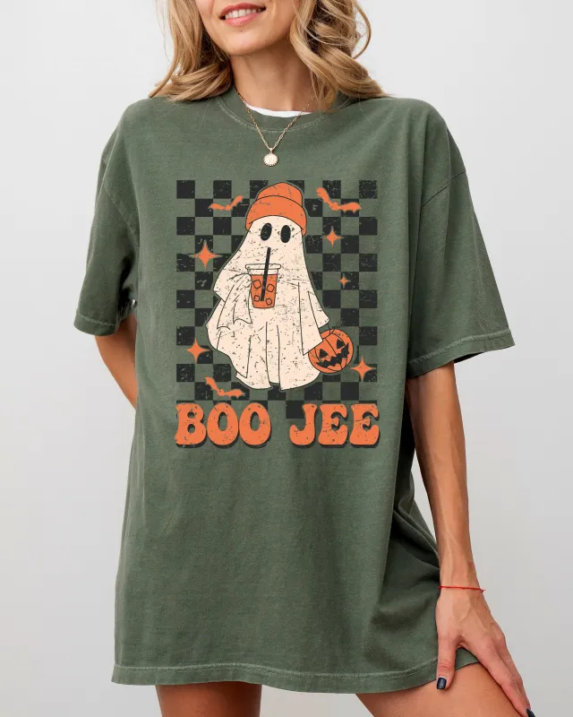 Boo-Jee Ghost, Checkered, Retro, Halloween, Coffee Drink Shirt Comfort Colors T-Shirt made by Refinery Number One