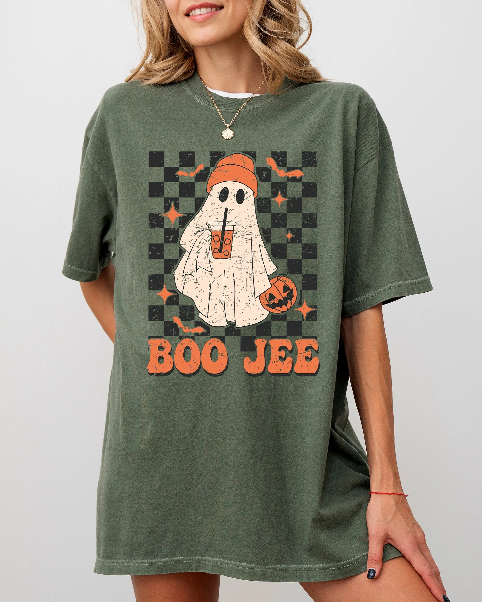 Boo-Jee Ghost, Checkered, Retro, Halloween, Coffee Drink Shirt Comfort Colors T-Shirt sold by Refinery Number One