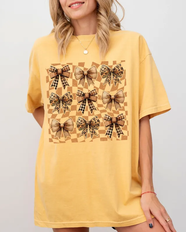 Checkered Autumn Coquette Bows and Ribbons, Retro Halloween, Autumn, Fall Shirt Comfort Colors T-Shirt sold by Refinery Number One