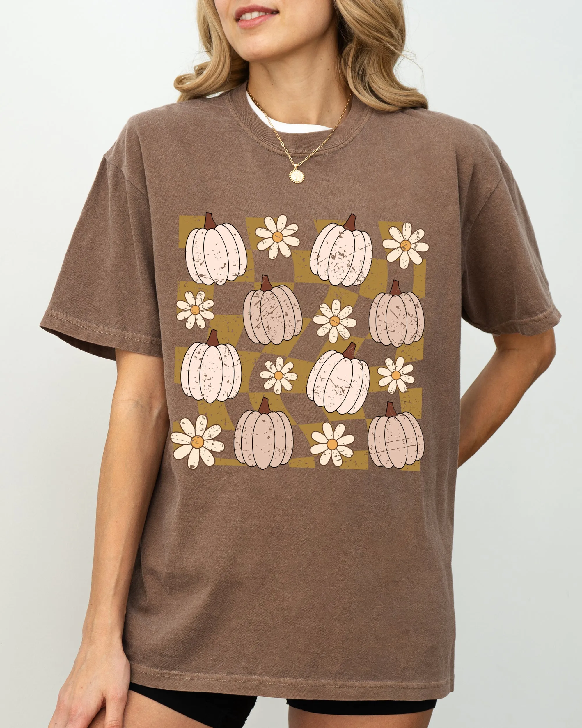 Checkered Pumpkins, Daisies, Flowers, Cute, Retro, Hippie, Positivity, Halloween, Autumn, Fall Shirt Comfort Colors T-Shirt sold by Refinery Number One product image thumbnail 4