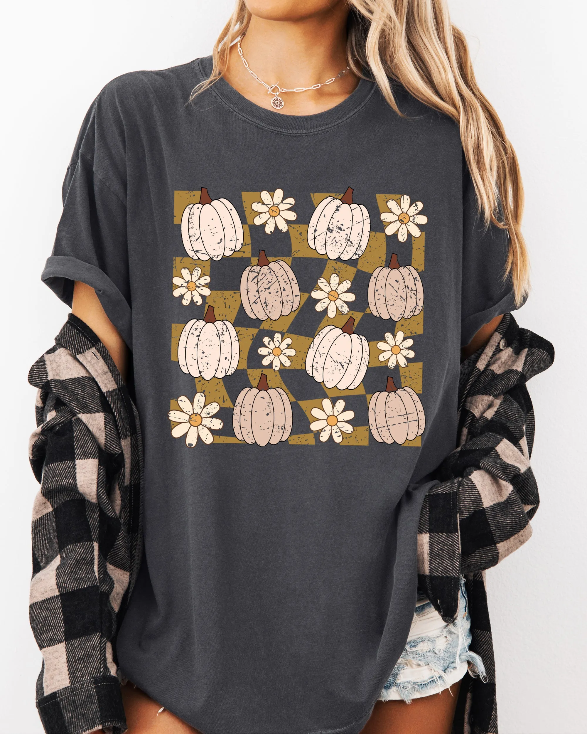 Checkered Pumpkins, Daisies, Flowers, Cute, Retro, Hippie, Positivity, Halloween, Autumn, Fall Shirt Comfort Colors T-Shirt sold by Refinery Number One