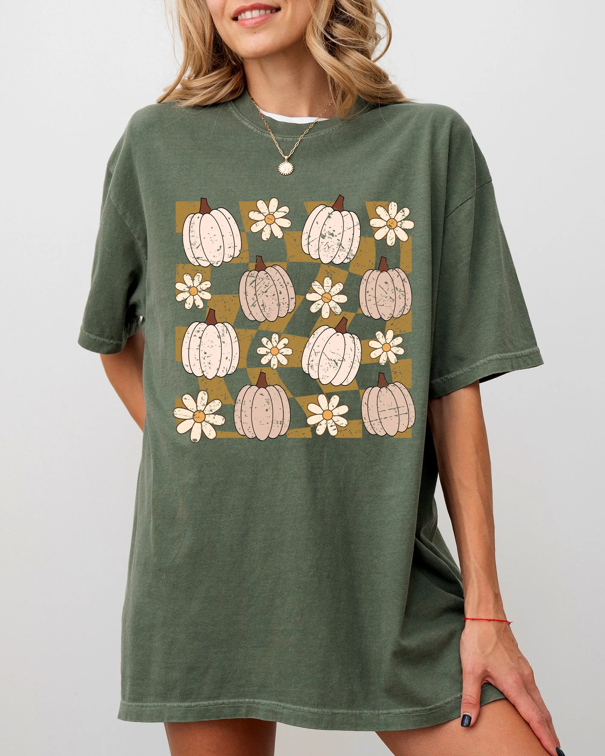 Checkered Pumpkins, Daisies, Flowers, Cute, Retro, Hippie, Positivity, Halloween, Autumn, Fall Shirt Comfort Colors T-Shirt sold by Refinery Number One product image thumbnail 2