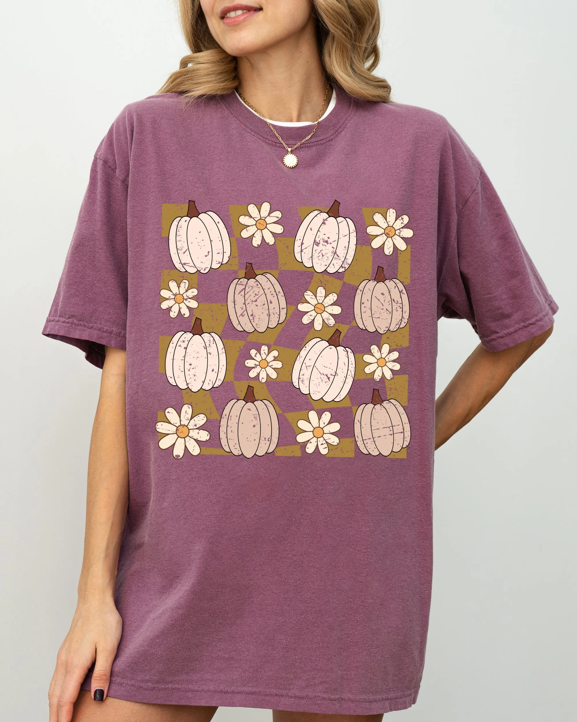 Checkered Pumpkins, Daisies, Flowers, Cute, Retro, Hippie, Positivity, Halloween, Autumn, Fall Shirt Comfort Colors T-Shirt sold by Refinery Number One product image thumbnail 3