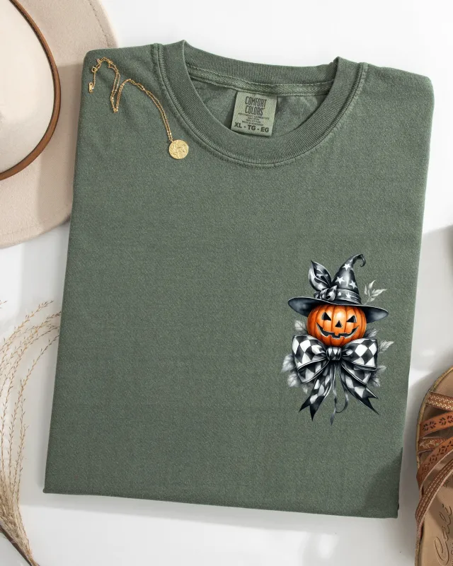Halloween Jack-o-lantern, Pumpkin, Ribbon, Pocket Print, Coquette, Fall, Autumn Shirt Comfort Colors T-Shirt sold by Refinery Number One