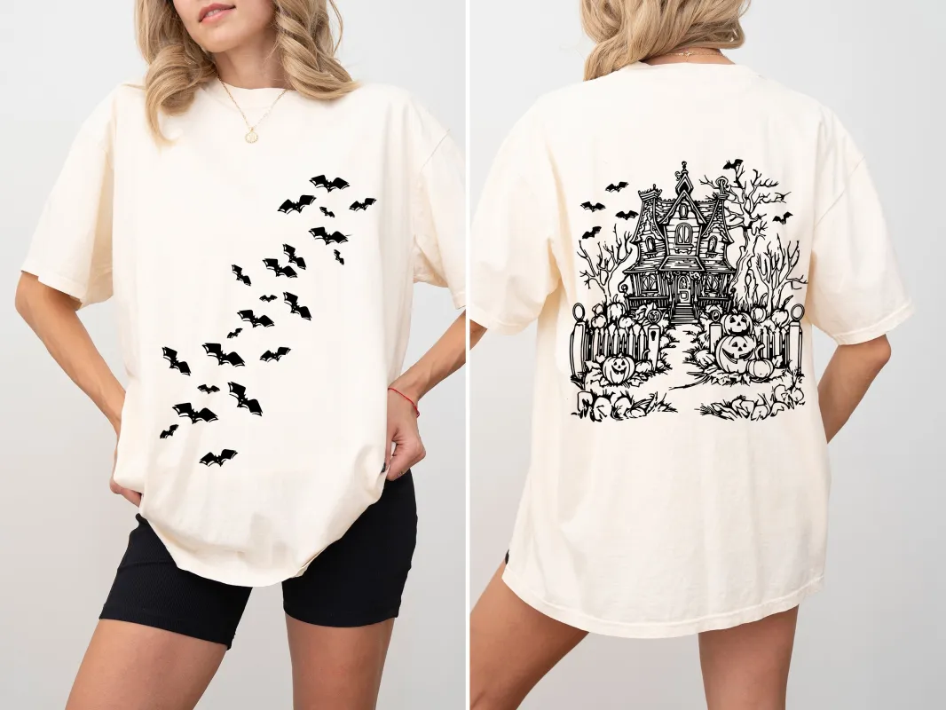 Haunted House, Front and Back, Halloween, Retro, Fall, Autumn, Bats, Witches, Skeleton, Jack-o-lanterns Shirt Comfort Colors T-Shirt sold by Refinery Number One