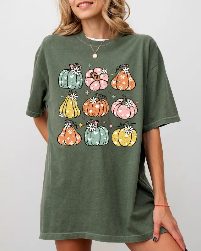 Retro Colorful Floral Pumpkins Halloween Jack-O-Lantern Fall Autumn Comfort Colors Tee made by Refinery Number One