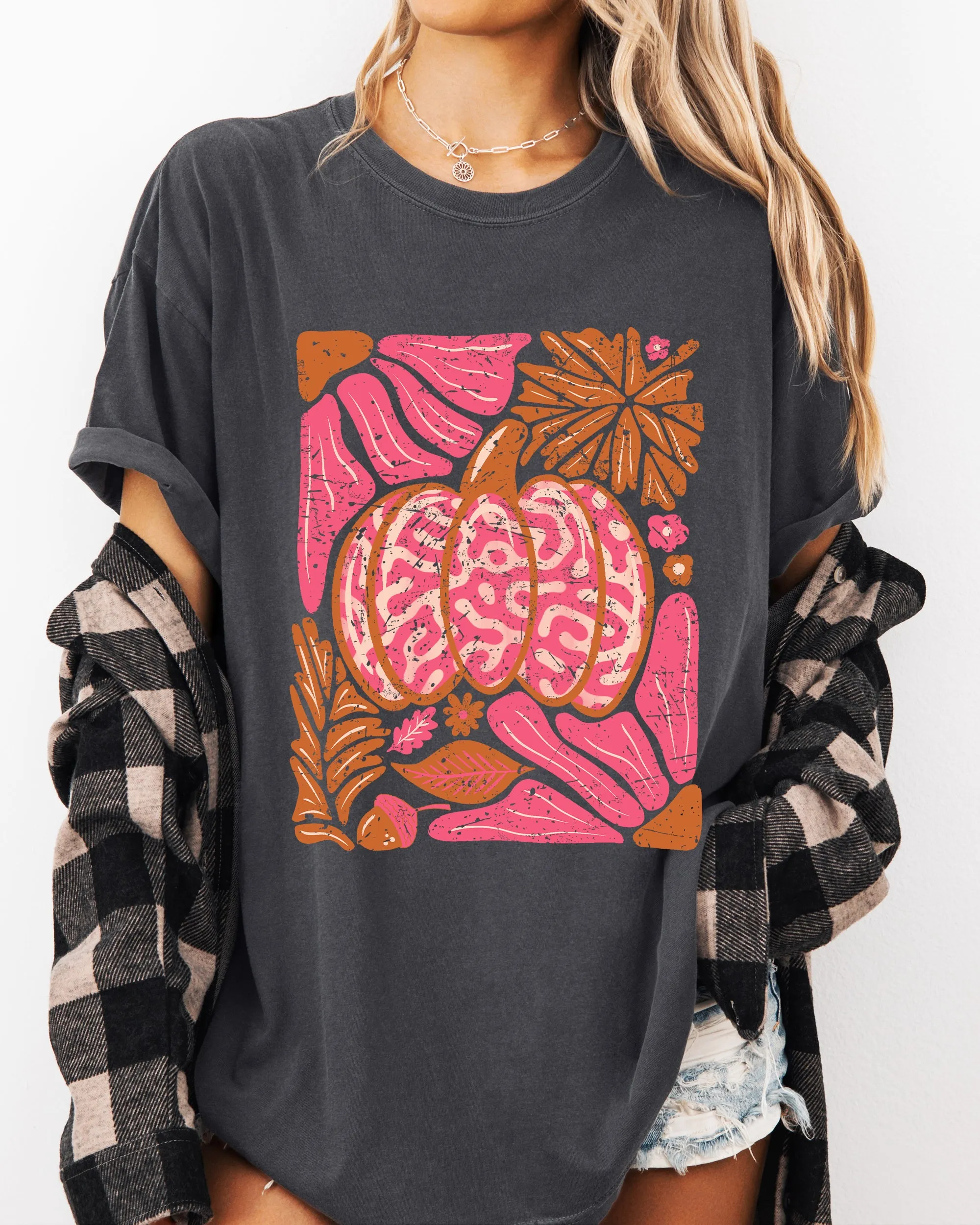 Retro Floral, Pink, Pumpkin, Halloween, Jack-o-lantern, Fall, Autumn Shirt Comfort Colors T-Shirt sold by Refinery Number One product image thumbnail 3