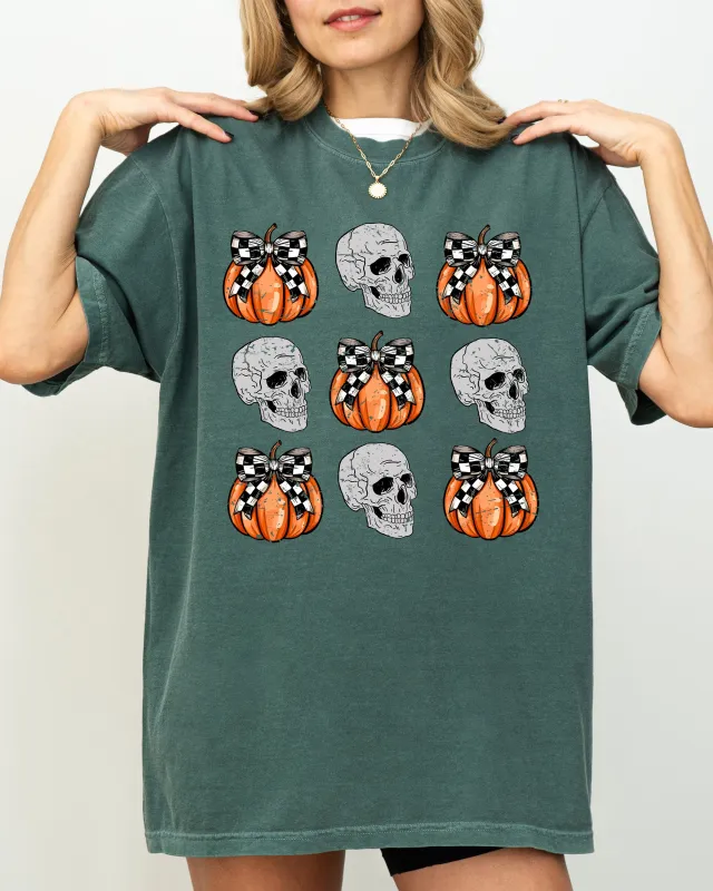 Skulls and Checkered Pumpkins, Coquette Ribbons and Bows, Halloween, Fall, Autumn Shirt Comfort Colors T-Shirt sold by Refinery Number One