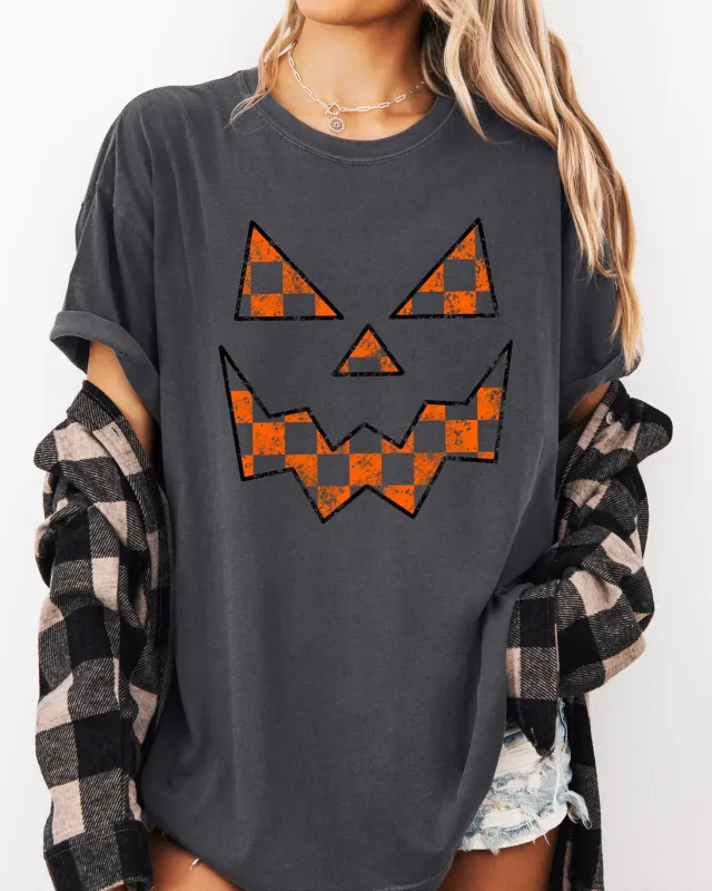 Spooky Jack-o-lantern, Retro Halloween, Pumpkin, Fall, Autumn, Checkered Shirt Comfort Colors T-Shirt sold by Refinery Number One