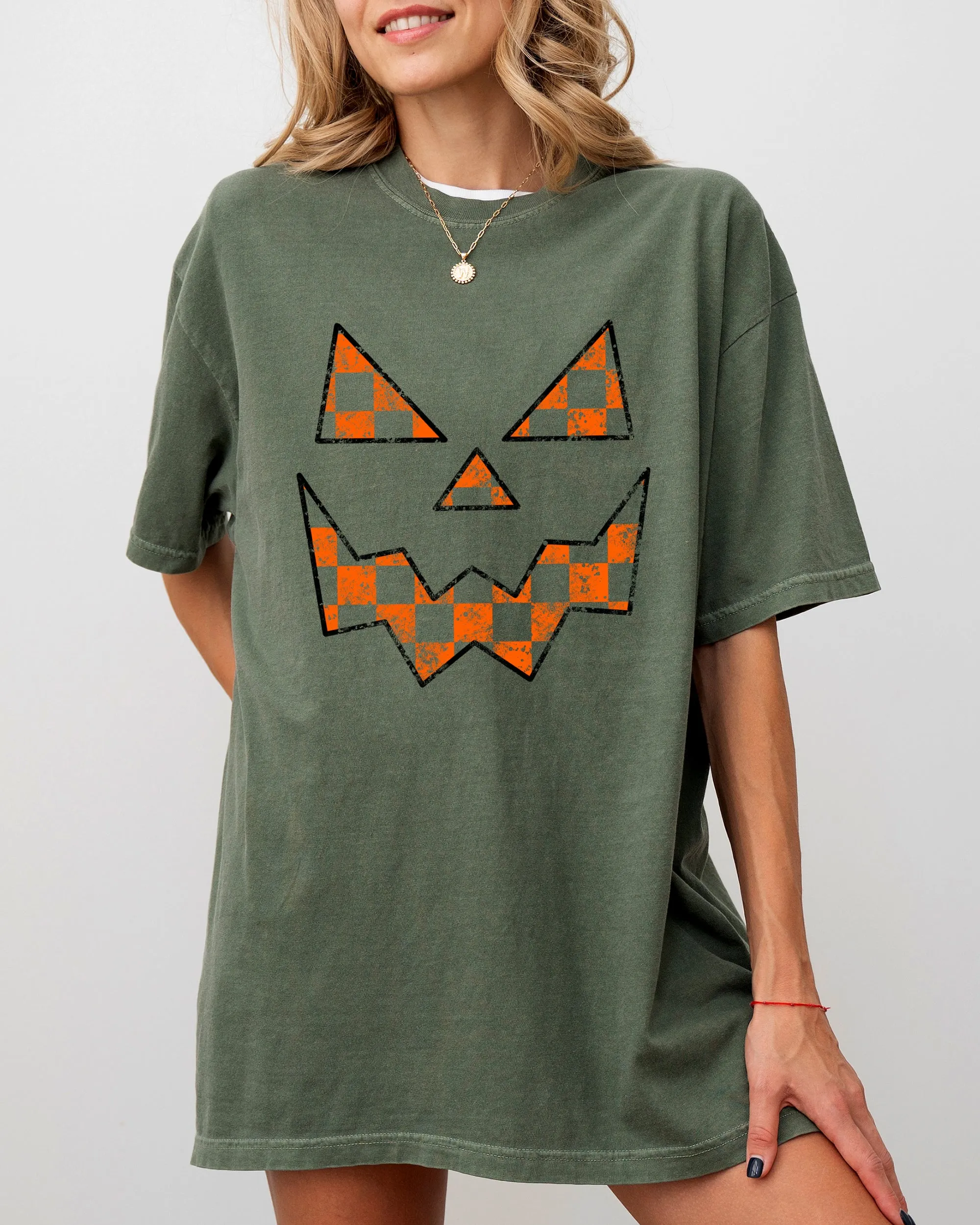 Spooky Jack-o-lantern, Retro Halloween, Pumpkin, Fall, Autumn, Checkered Shirt Comfort Colors T-Shirt sold by Refinery Number One product image thumbnail 4