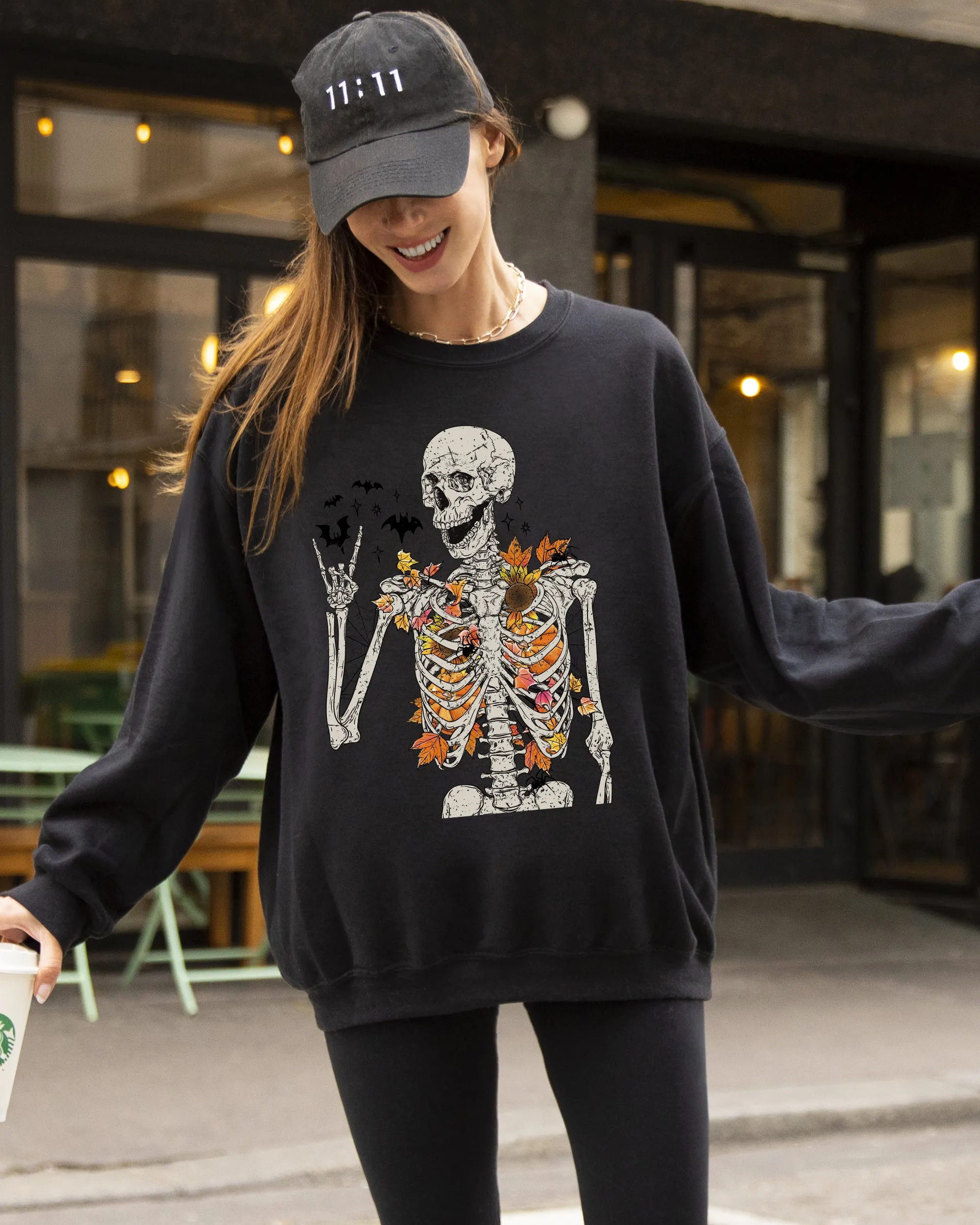Autumn Skeleton, Funny, Bats, Halloween, Fall, Funny Sweatshirt sold by Refinery Number One product image thumbnail 3