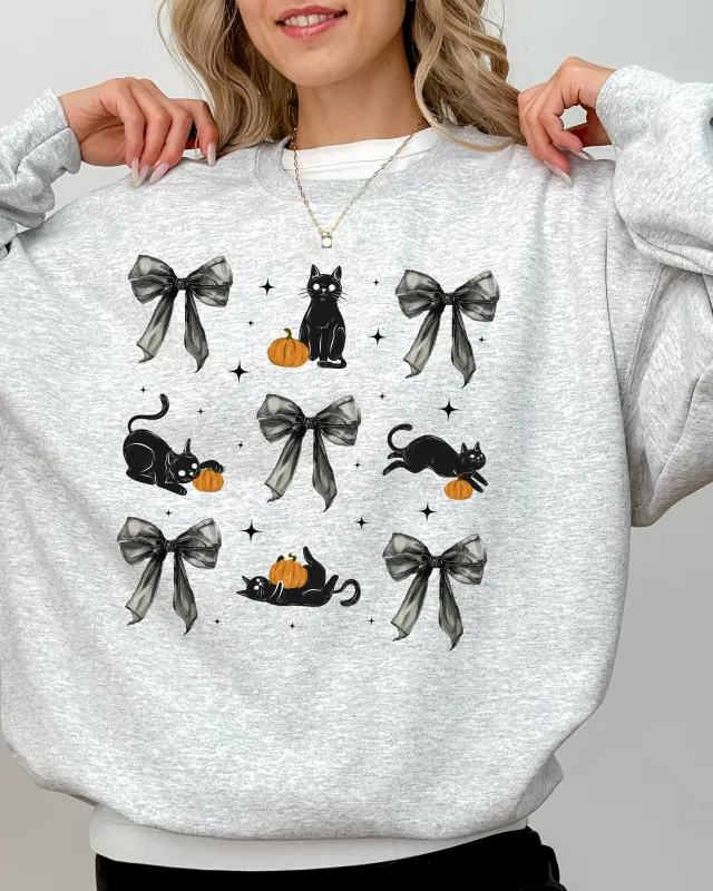 Black Cat, Coquette Ribbons and Bows, Halloween, Cute, Girly, Autumn, Fall Sweatshirt sold by Refinery Number One