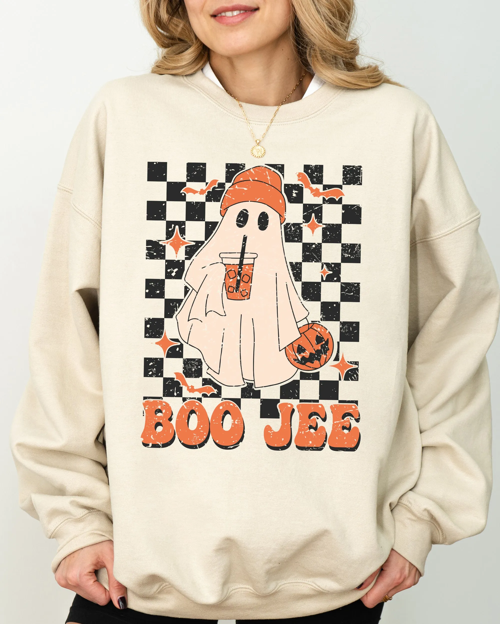 Boo-Jee Ghost, Checkered, Retro, Halloween, Coffee Drink Sweatshirt sold by Refinery Number One