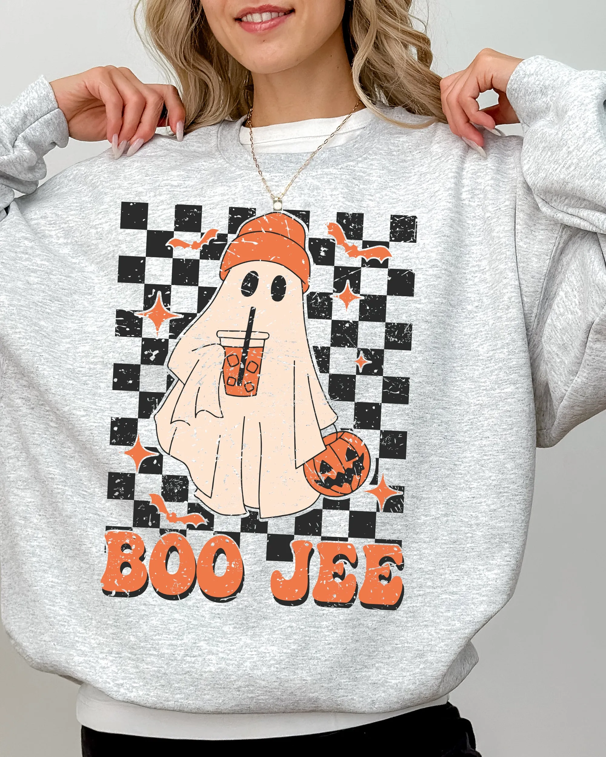 Boo-Jee Ghost, Checkered, Retro, Halloween, Coffee Drink Sweatshirt sold by Refinery Number One product image thumbnail 2