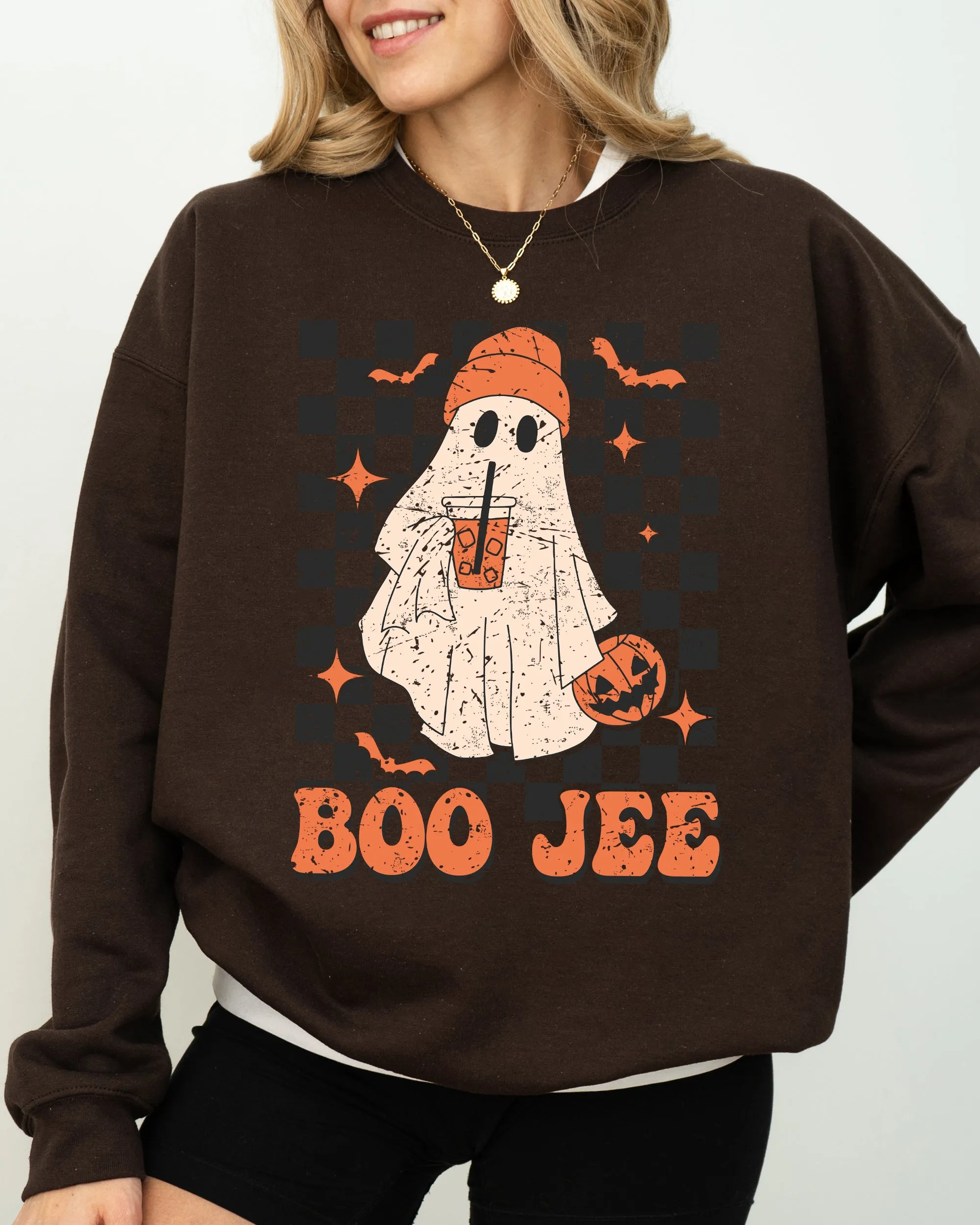 Boo-Jee Ghost, Checkered, Retro, Halloween, Coffee Drink Sweatshirt sold by Refinery Number One product image thumbnail 3
