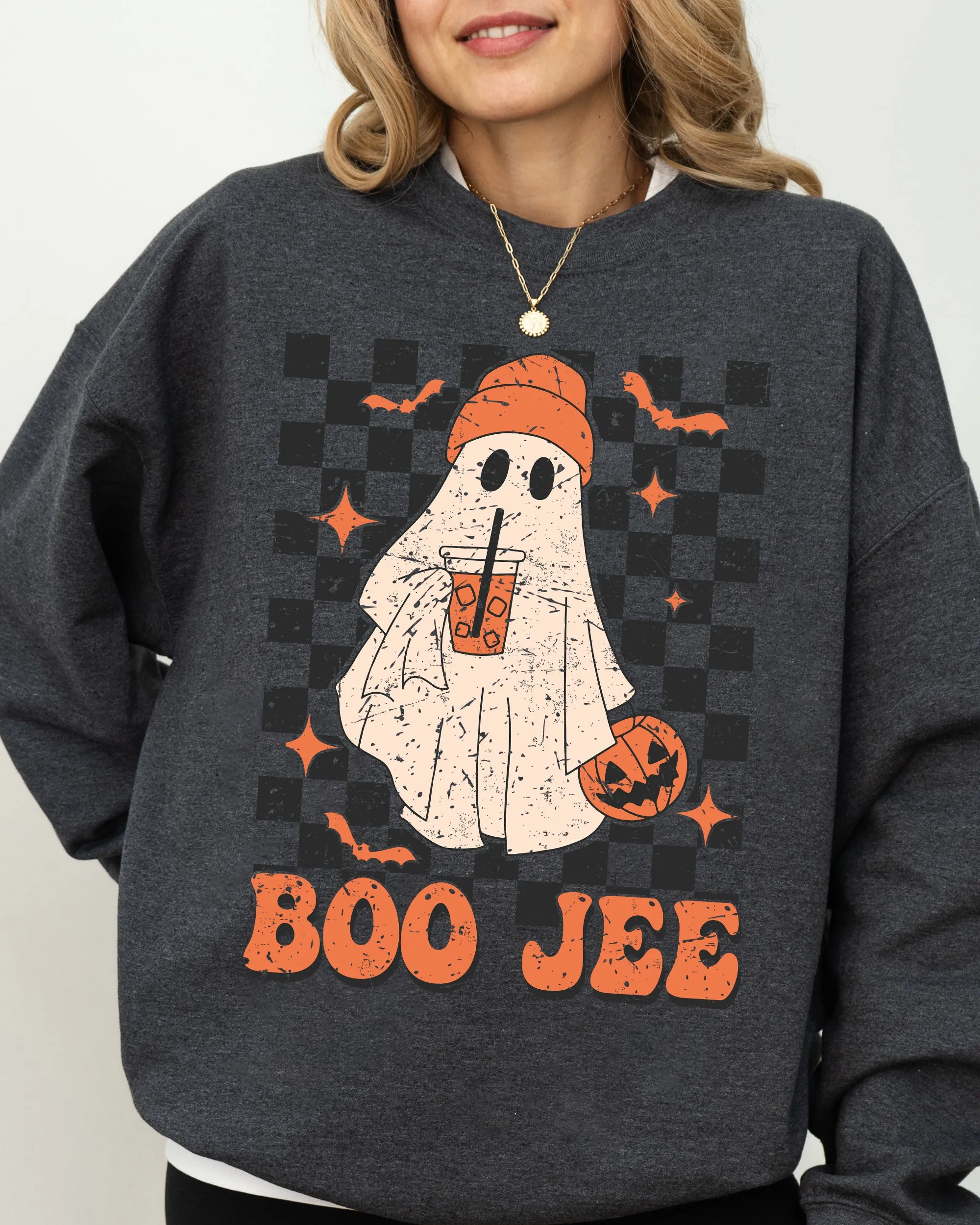 Boo-Jee Ghost, Checkered, Retro, Halloween, Coffee Drink Sweatshirt sold by Refinery Number One product image thumbnail 4