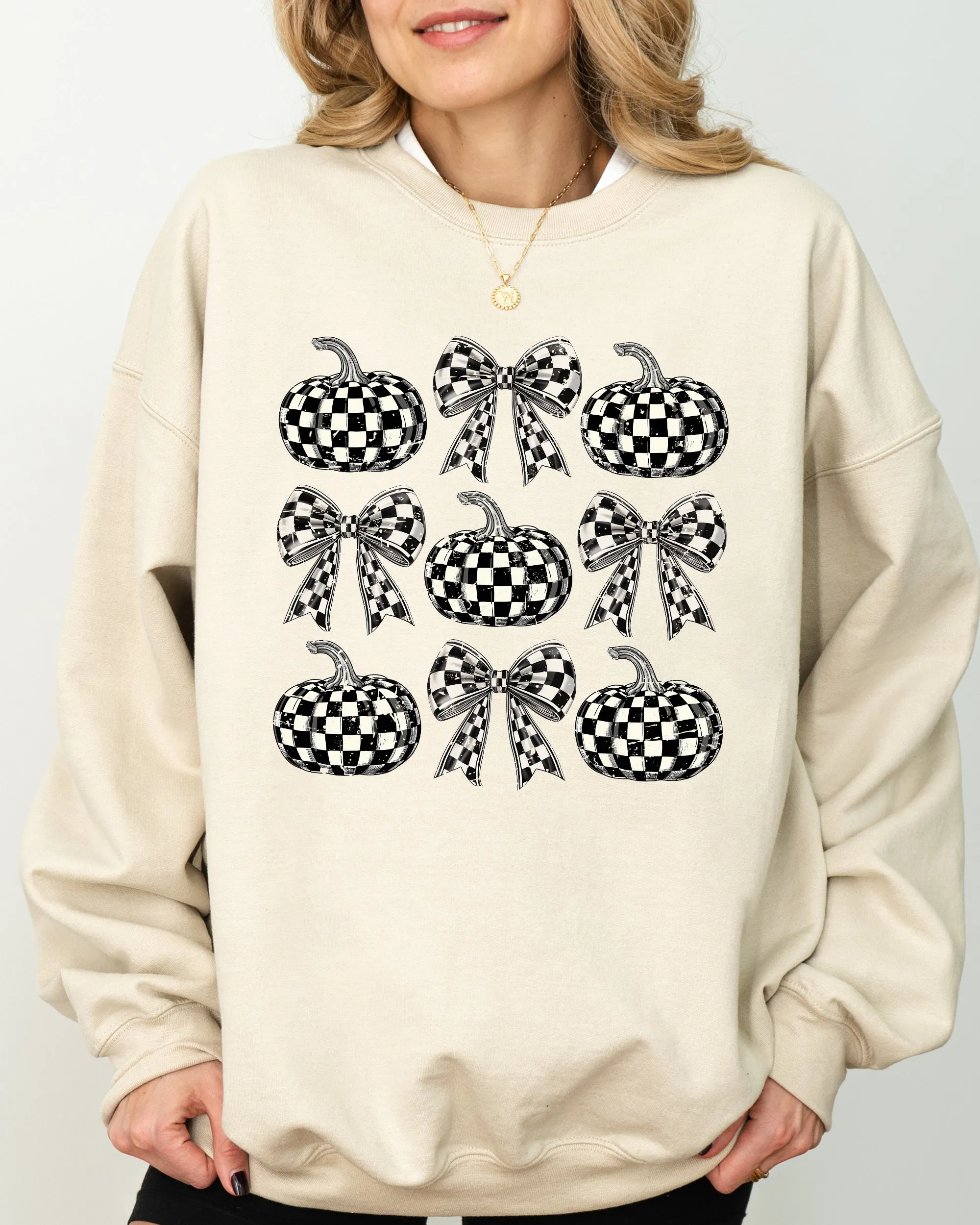Checkered Retro Pumpkins, Coquette Ribbons, Bows, Halloween, Autumn, Fall Sweatshirt sold by Refinery Number One product image thumbnail 3