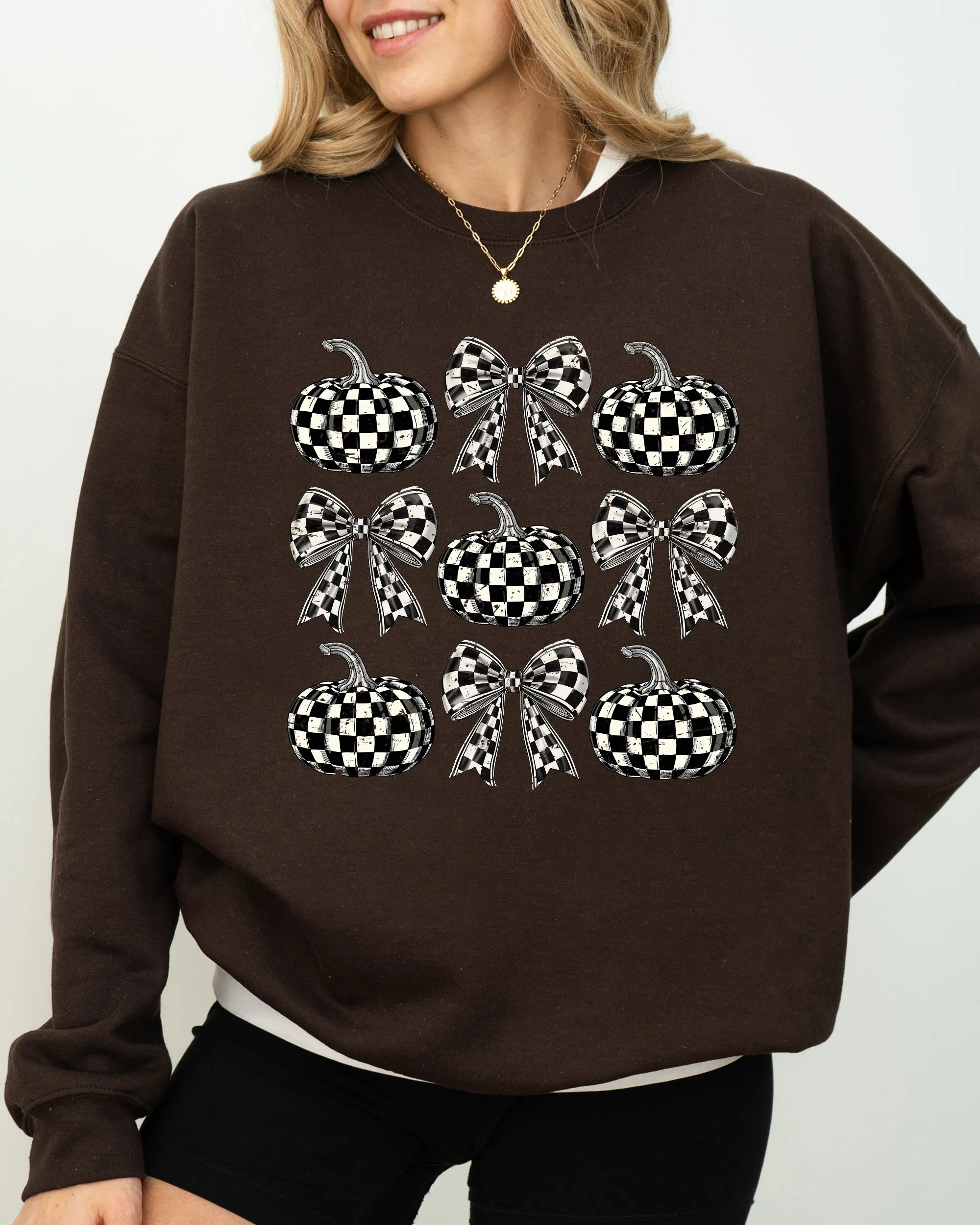 Checkered Retro Pumpkins, Coquette Ribbons, Bows, Halloween, Autumn, Fall Sweatshirt sold by Refinery Number One product image thumbnail 4