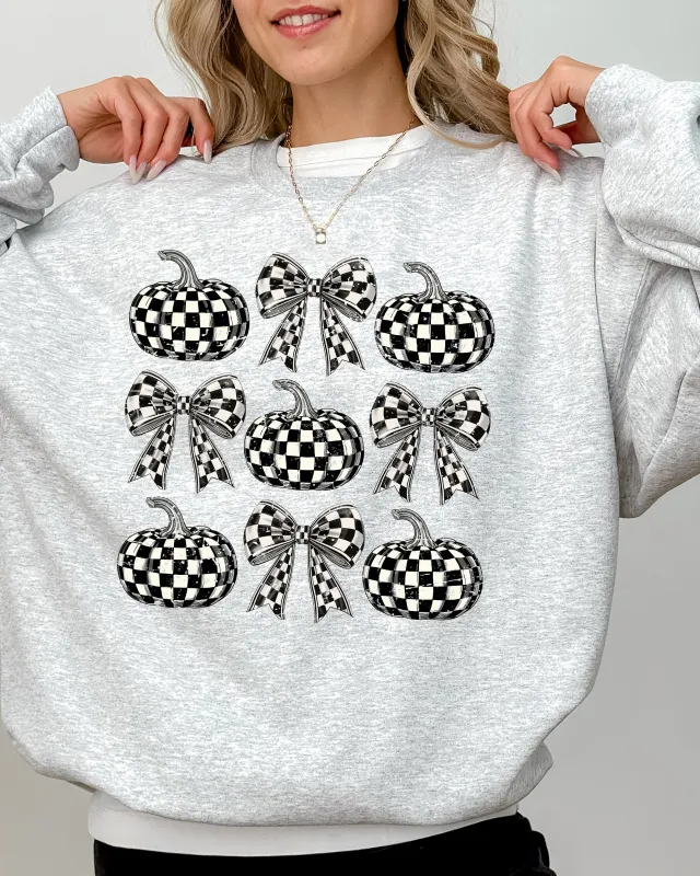 Checkered Retro Pumpkins, Coquette Ribbons, Bows, Halloween, Autumn, Fall Sweatshirt sold by Refinery Number One