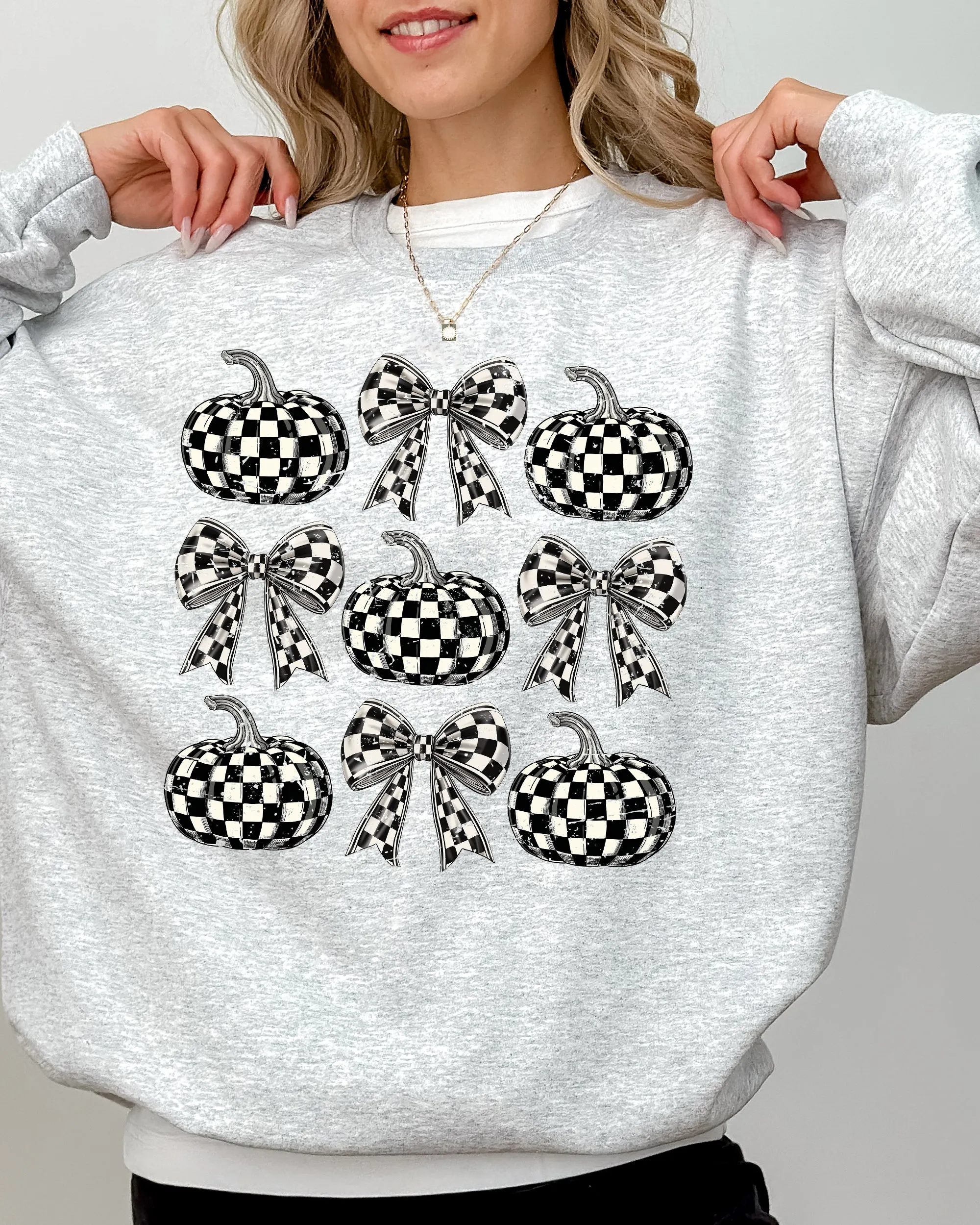 Checkered Retro Pumpkins, Coquette Ribbons, Bows, Halloween, Autumn, Fall Sweatshirt sold by Refinery Number One