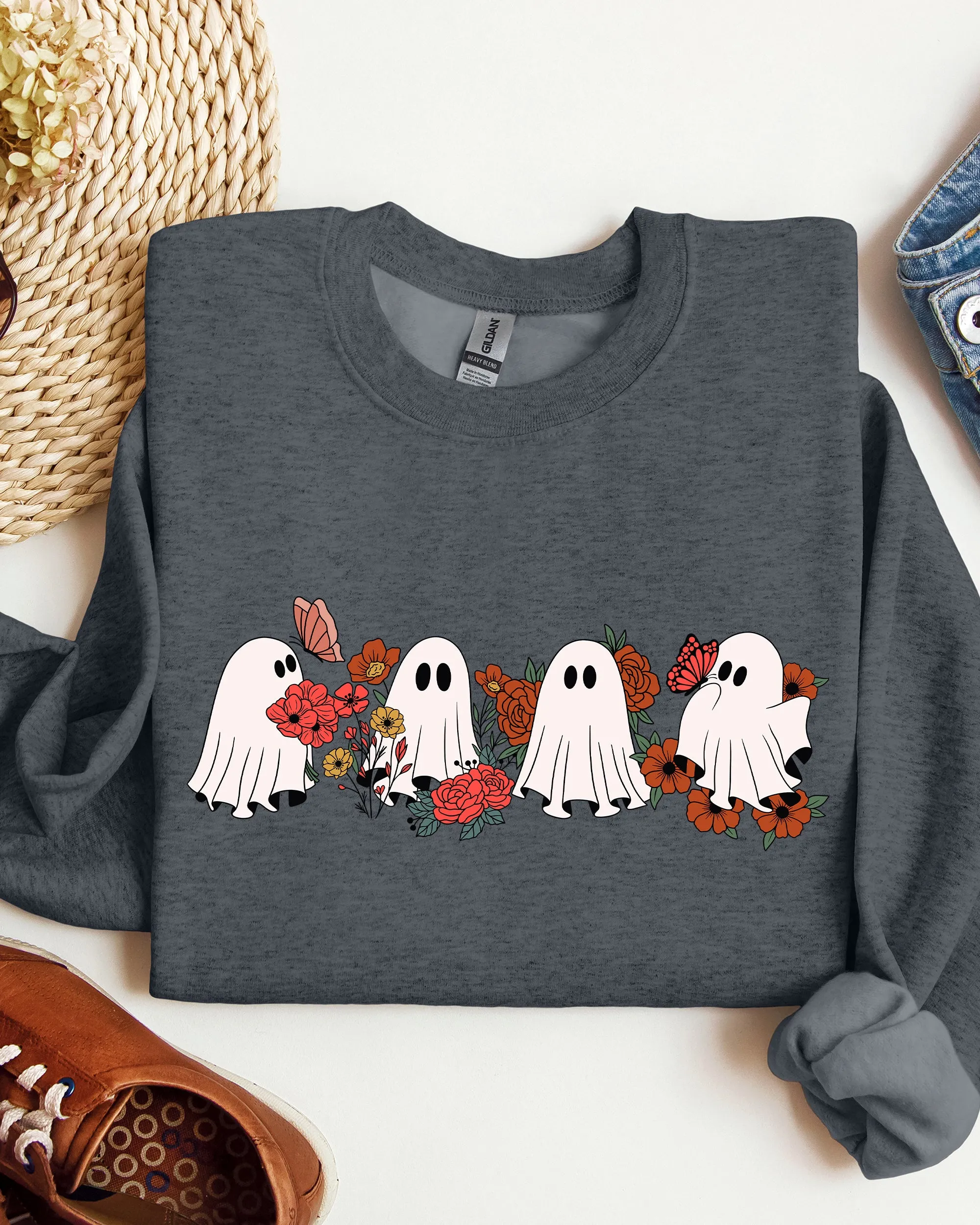 Mini Halloween Ghosts, Cute, Floral, Flowers, Autumn, Fall Sweatshirt sold by Refinery Number One product image thumbnail 2