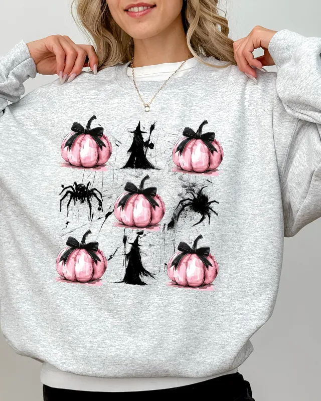 Witch, Spiders, Pumpkins, Spooky Coquette Ribbons and Bows, Halloween, Autumn, Fall Sweatshirt sold by Refinery Number One