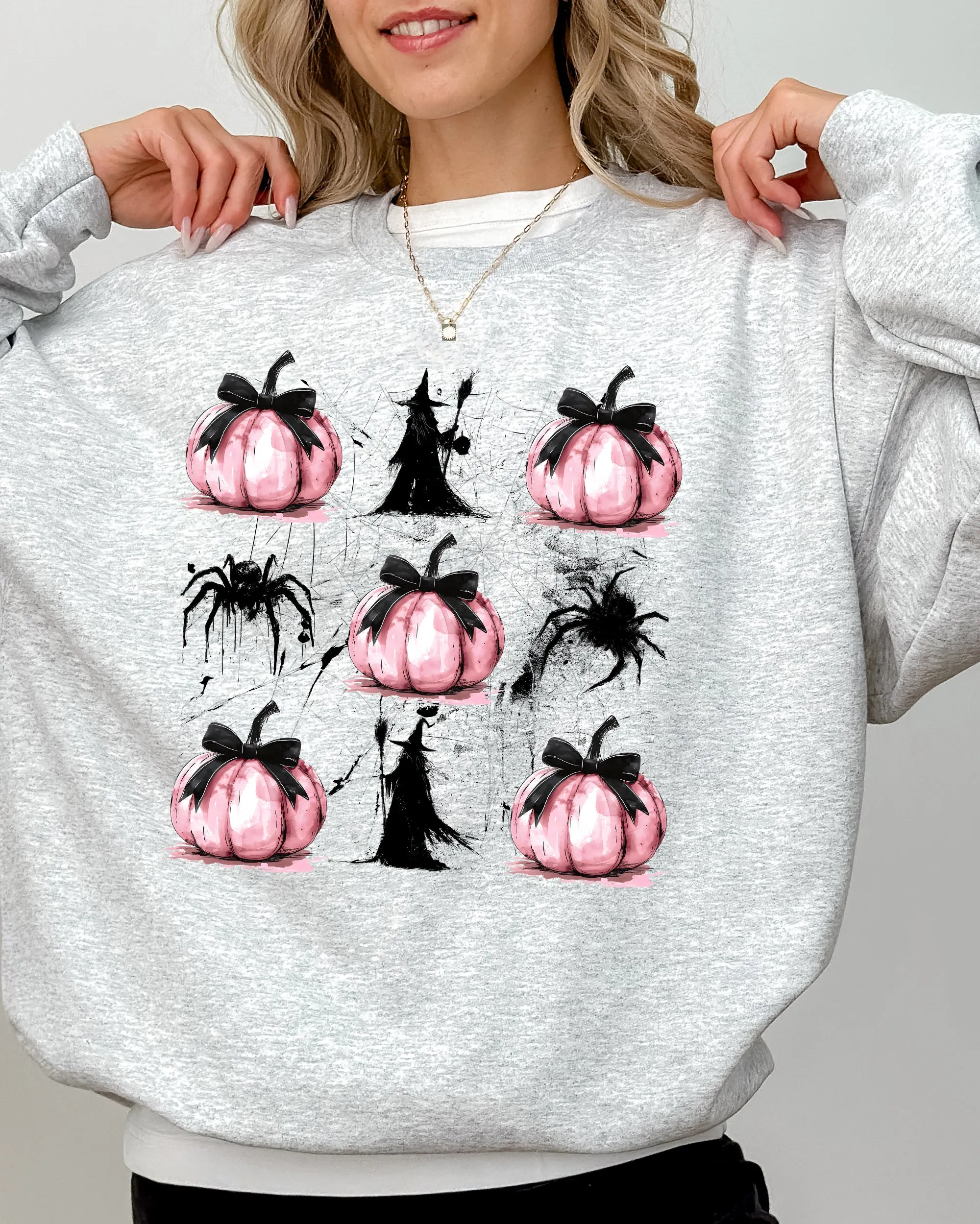 Witch, Spiders, Pumpkins, Spooky Coquette Ribbons and Bows, Halloween, Autumn, Fall Sweatshirt sold by Refinery Number One