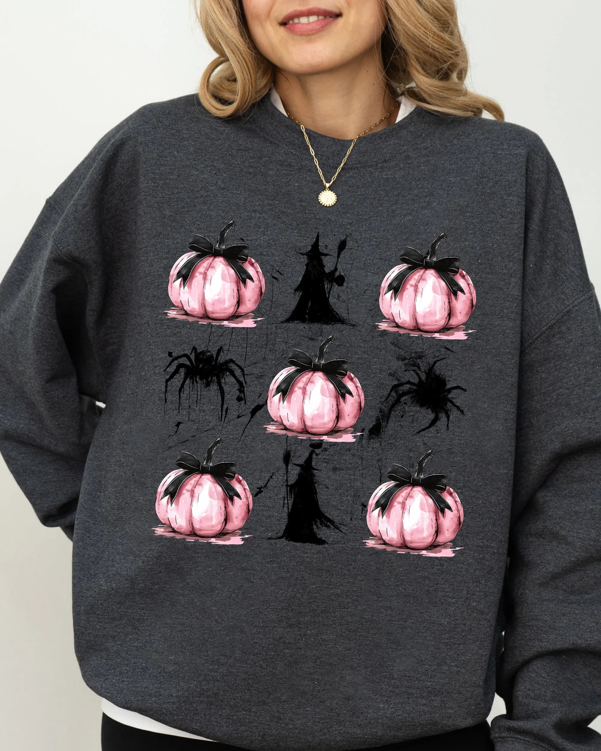 Witch, Spiders, Pumpkins, Spooky Coquette Ribbons and Bows, Halloween, Autumn, Fall Sweatshirt sold by Refinery Number One product image thumbnail 3