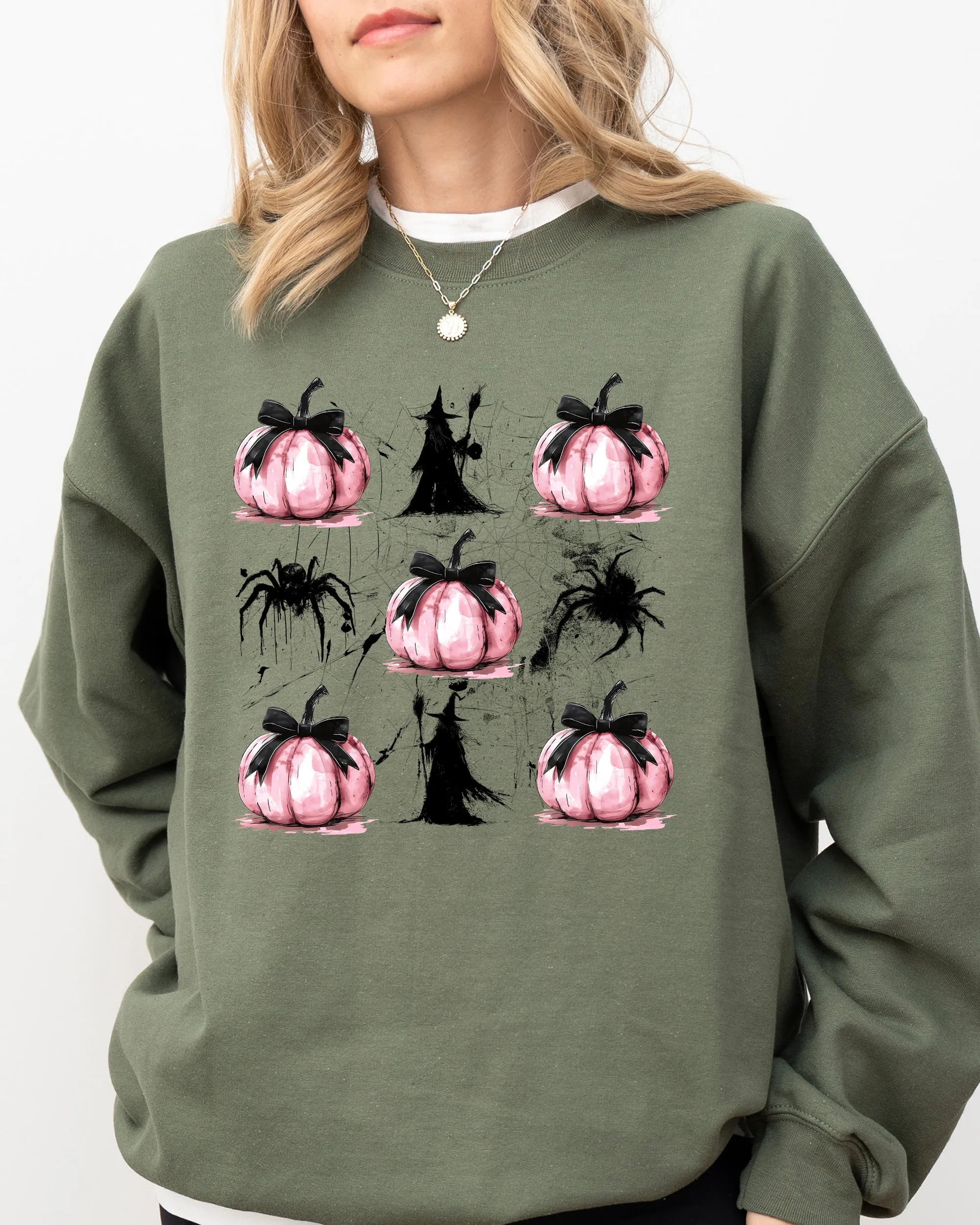 Witch, Spiders, Pumpkins, Spooky Coquette Ribbons and Bows, Halloween, Autumn, Fall Sweatshirt sold by Refinery Number One product image thumbnail 4